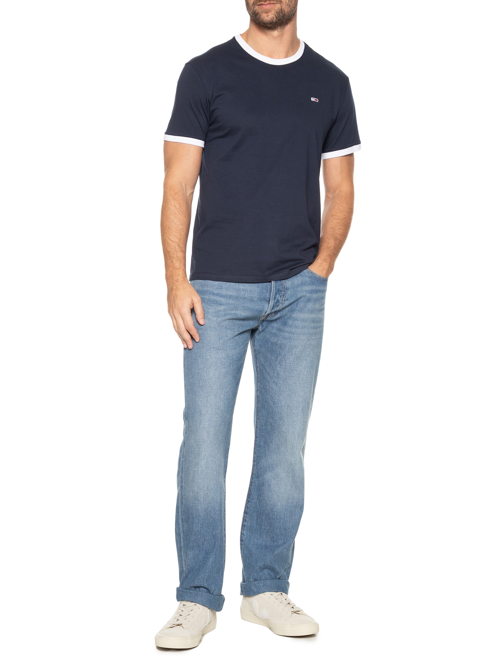 Tommy Jeans - Camiseta Masculina Flag Ringer Regular Fit - Azul