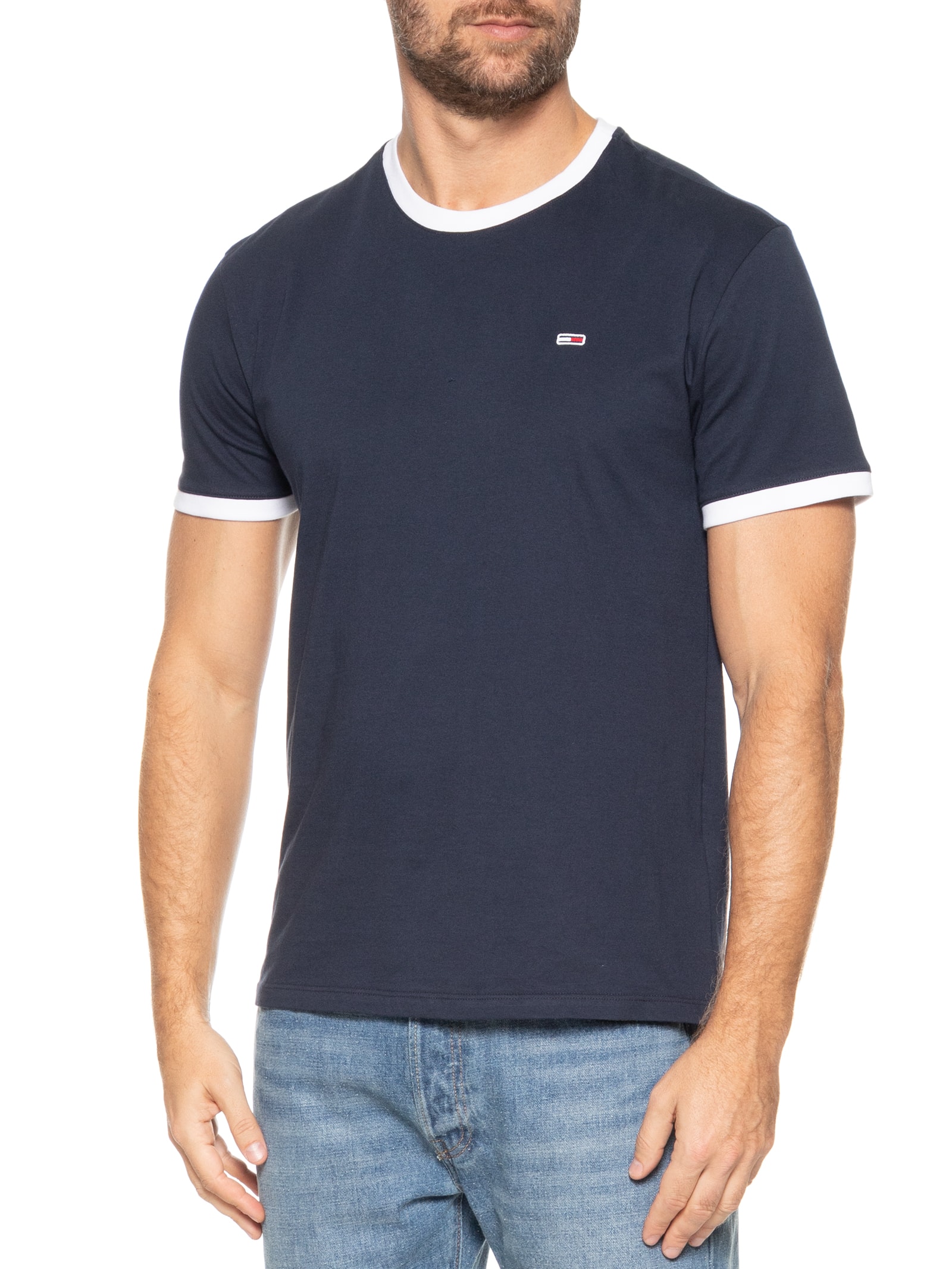 Tommy Jeans - Camiseta Masculina Flag Ringer Regular Fit - Azul