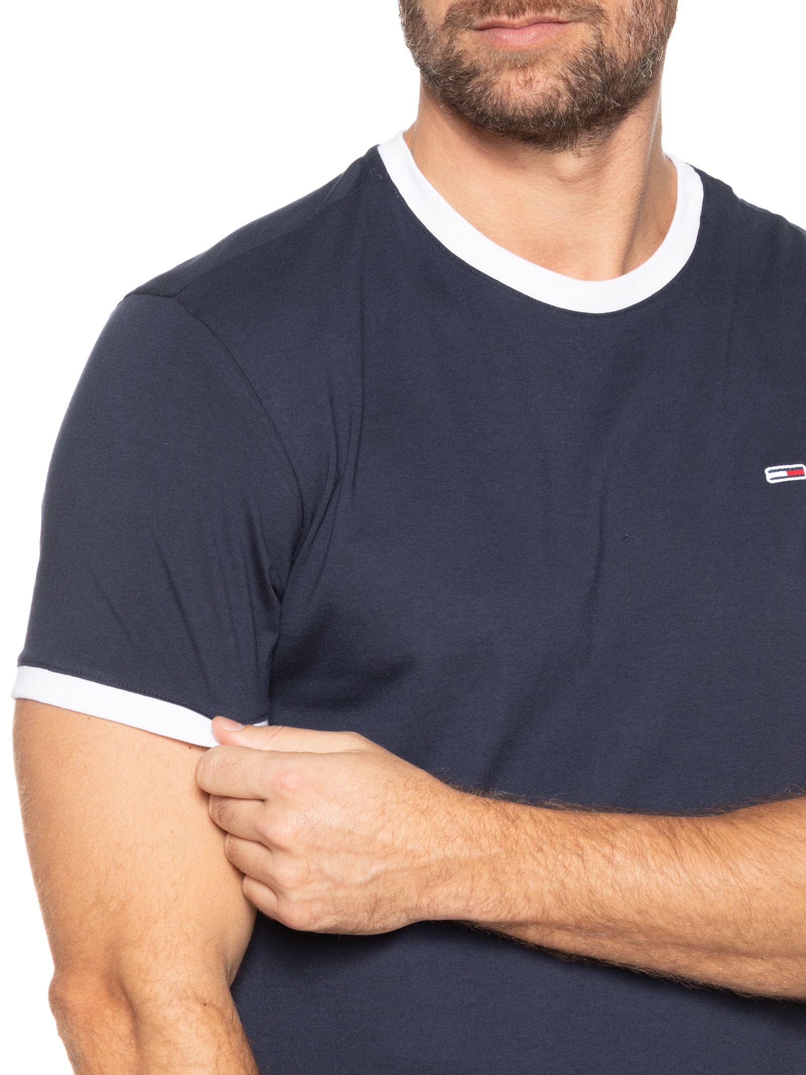 Tommy Jeans - Camiseta Masculina Flag Ringer Regular Fit - Azul