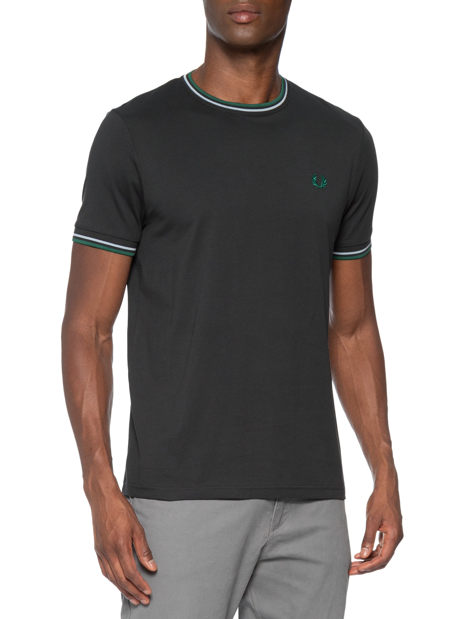 Camiseta Masculina Friso Duplo Regular Fit Em Algodão CInza Fred Perry