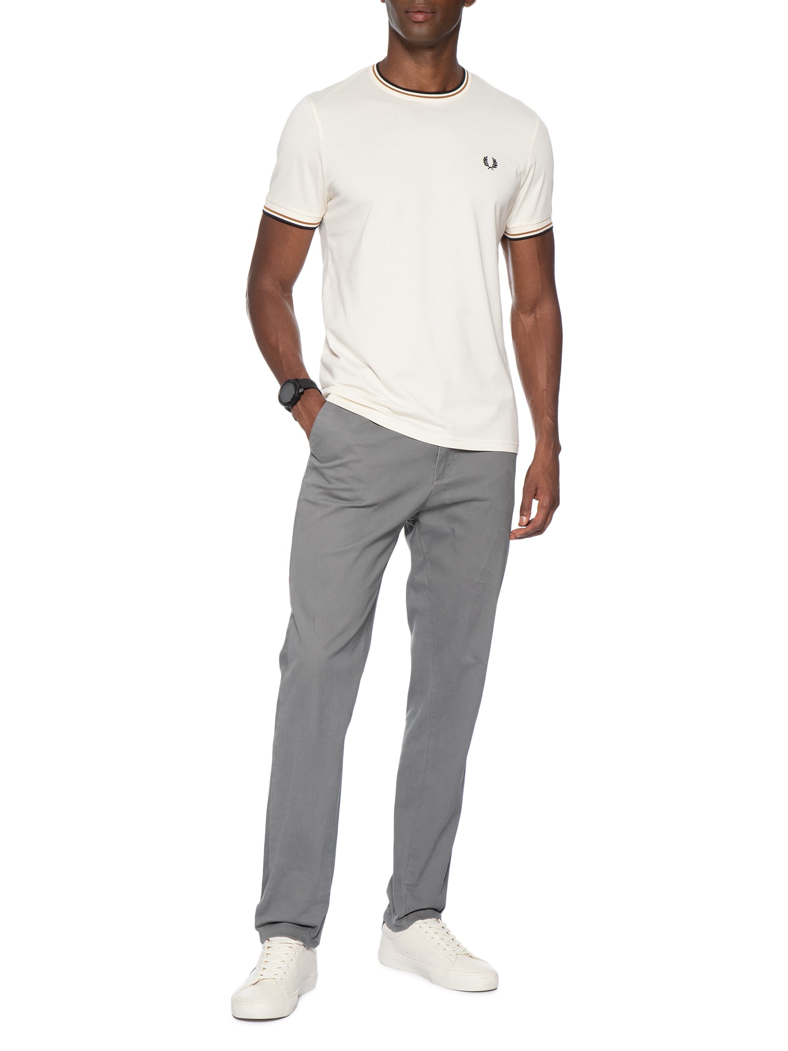 Camiseta Masculina Friso Duplo Regular Fit Em Algodão Off White Fred Perry
