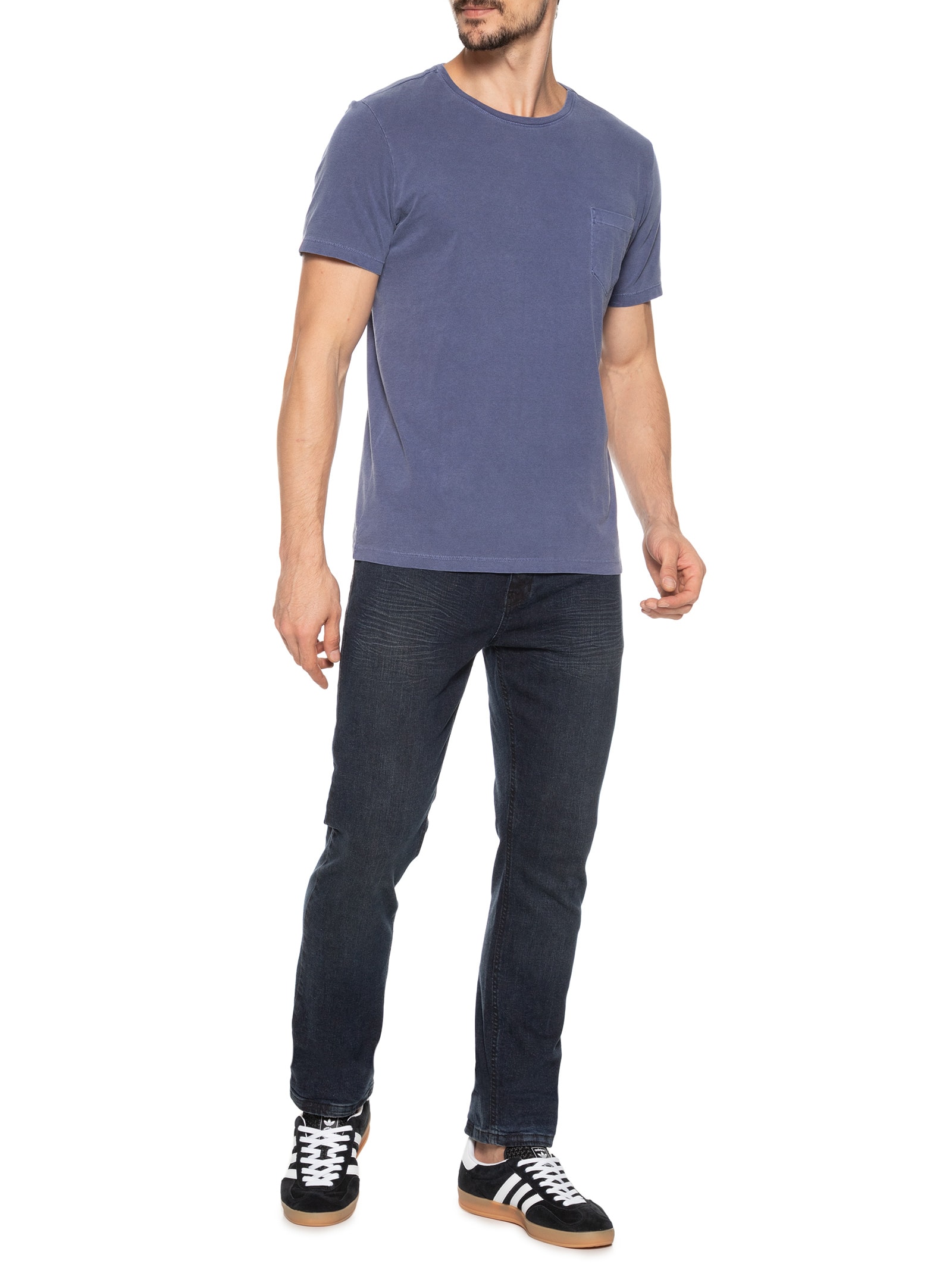 Camiseta Masculina Gola Careca Estonada Com Bolso  Azul Sergio K