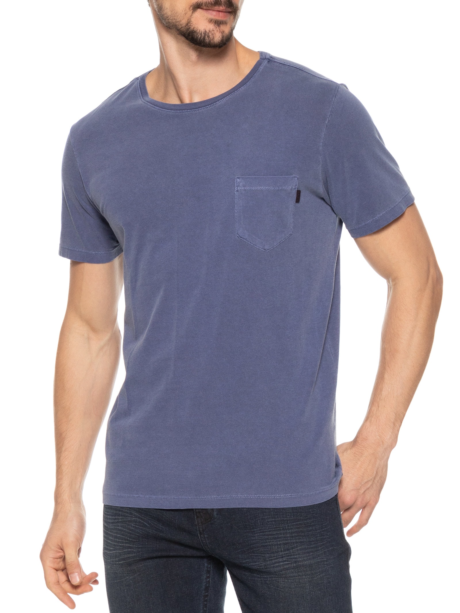 Camiseta Masculina Gola Careca Estonada Com Bolso  Azul Sergio K