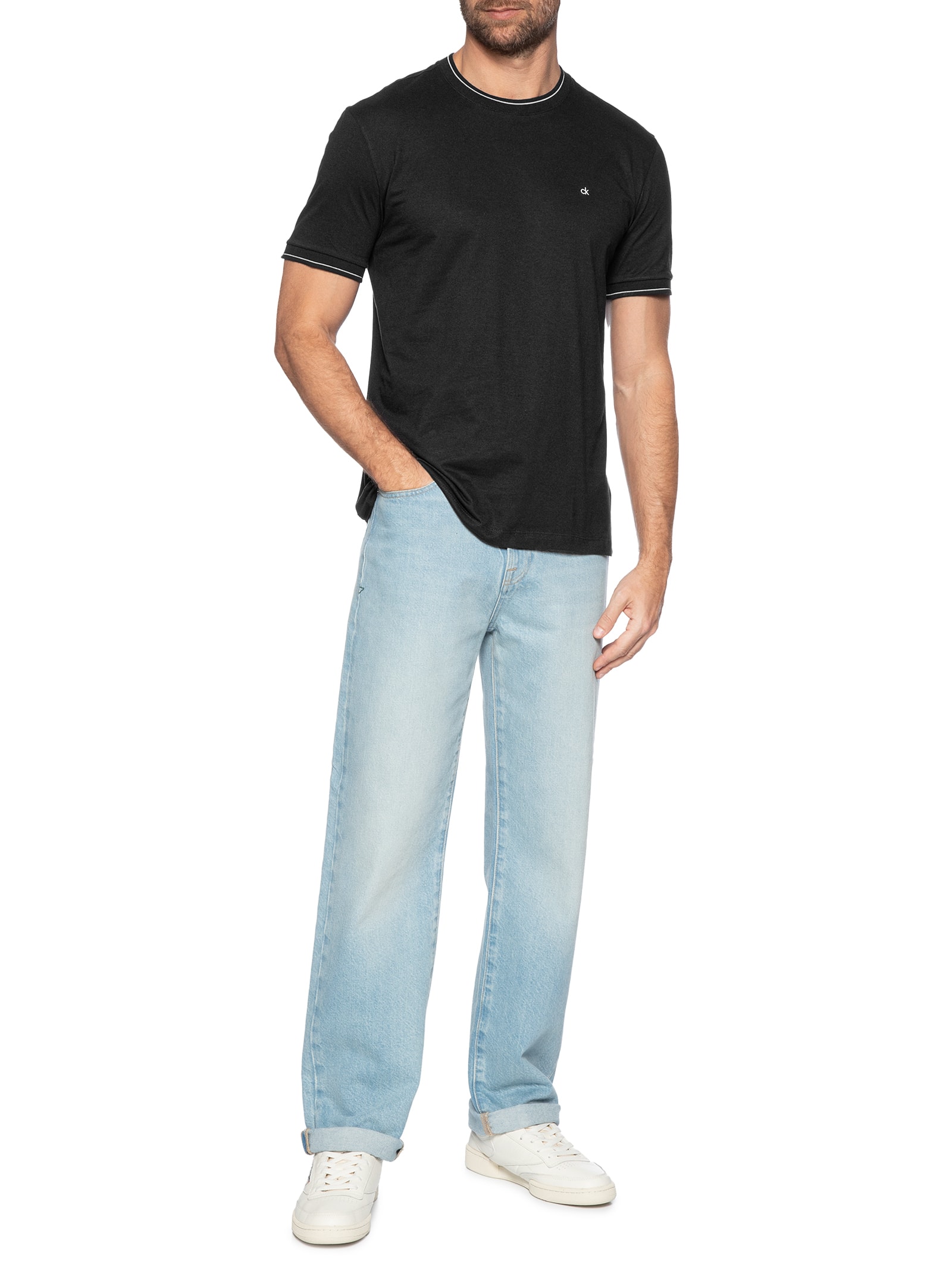 Camiseta Masculina Gola Punho Friso Preto Calvin Klein - White Label