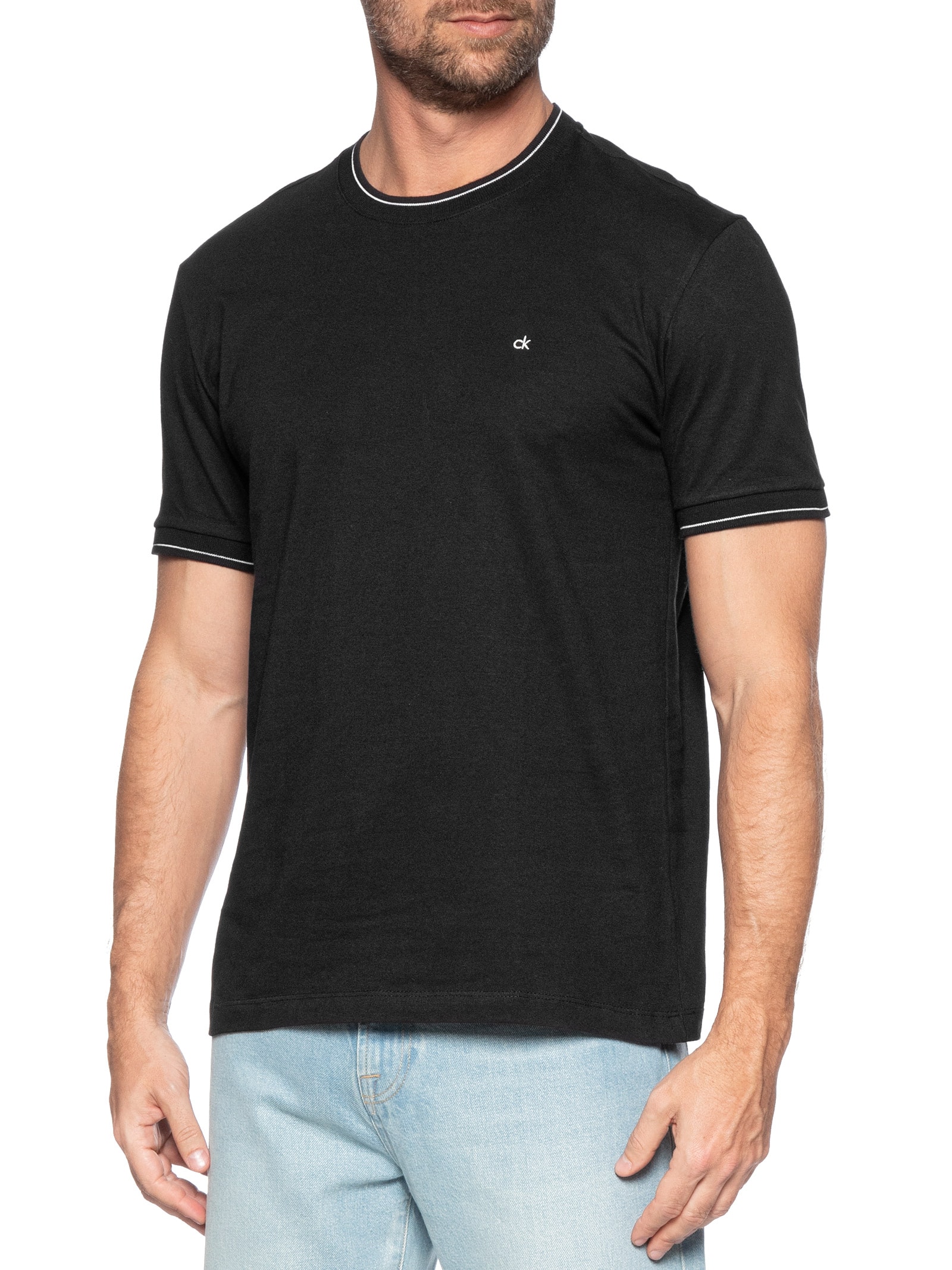 Camiseta Masculina Gola Punho Friso Preto Calvin Klein - White Label