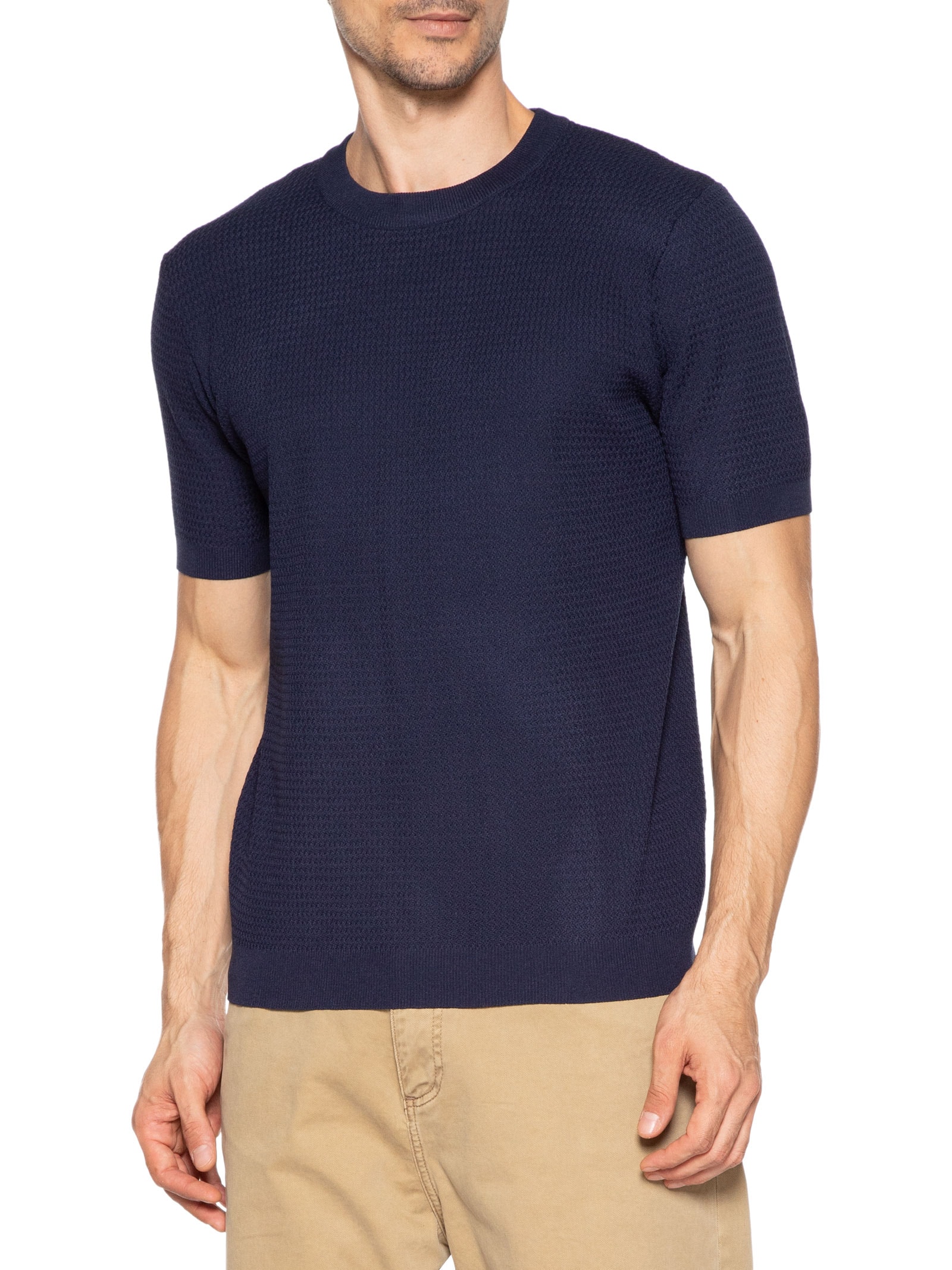 Camiseta Masculina Gola Redonda Em Tricot Azul '2 Essential