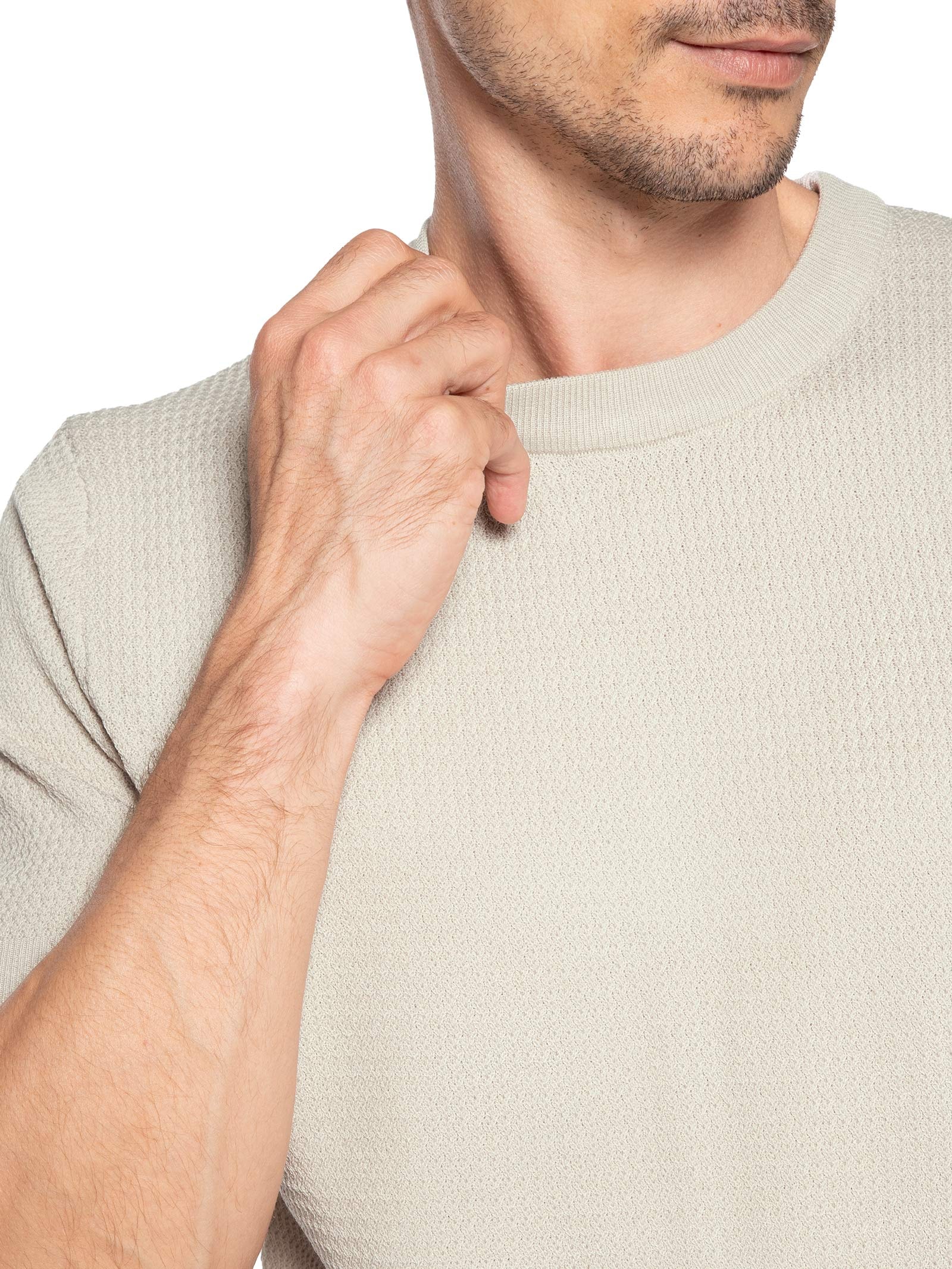 Camiseta Masculina Gola Redonda Em Tricot Bege '2 Essential