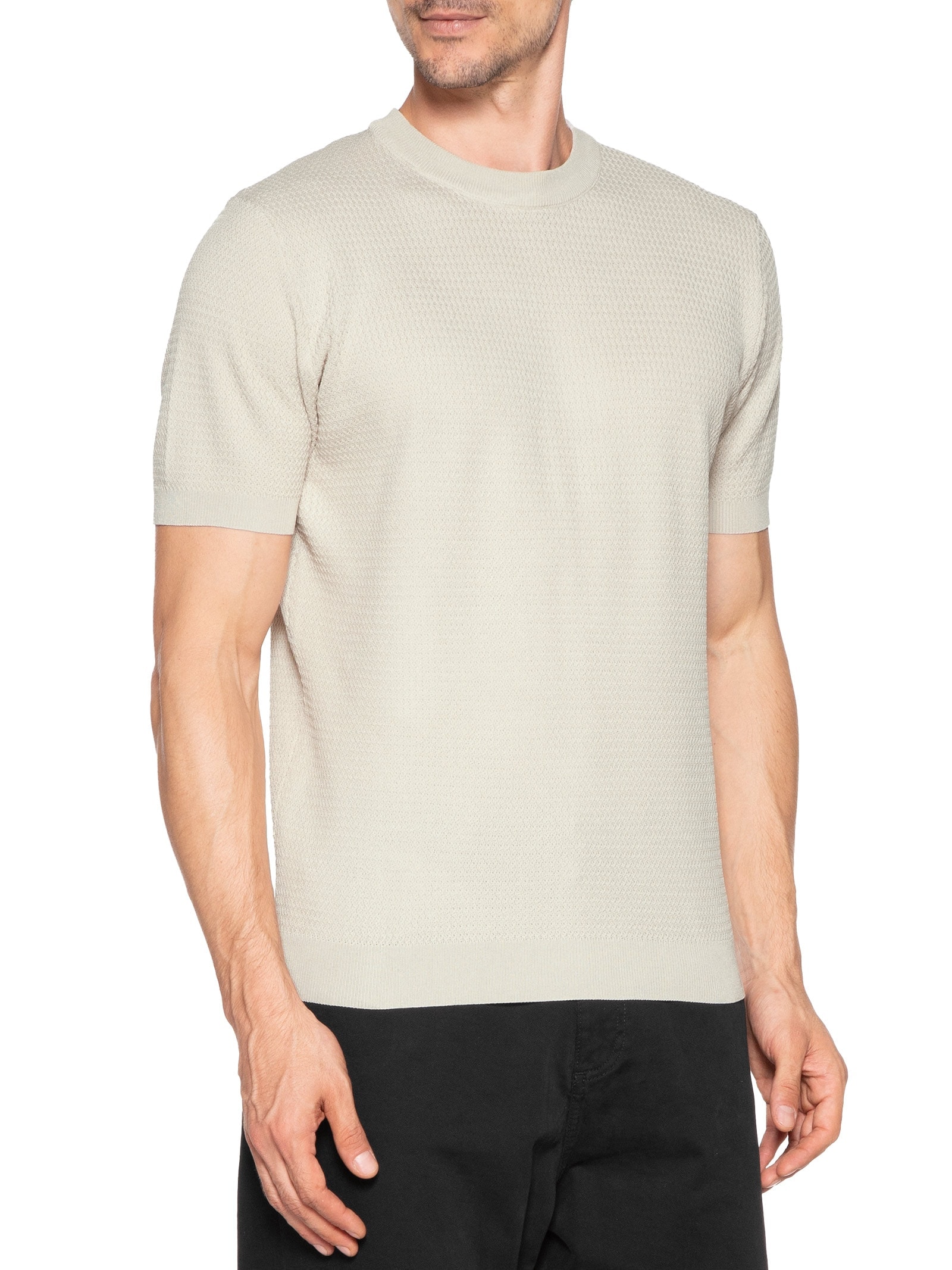Camiseta Masculina Gola Redonda Em Tricot Bege '2 Essential
