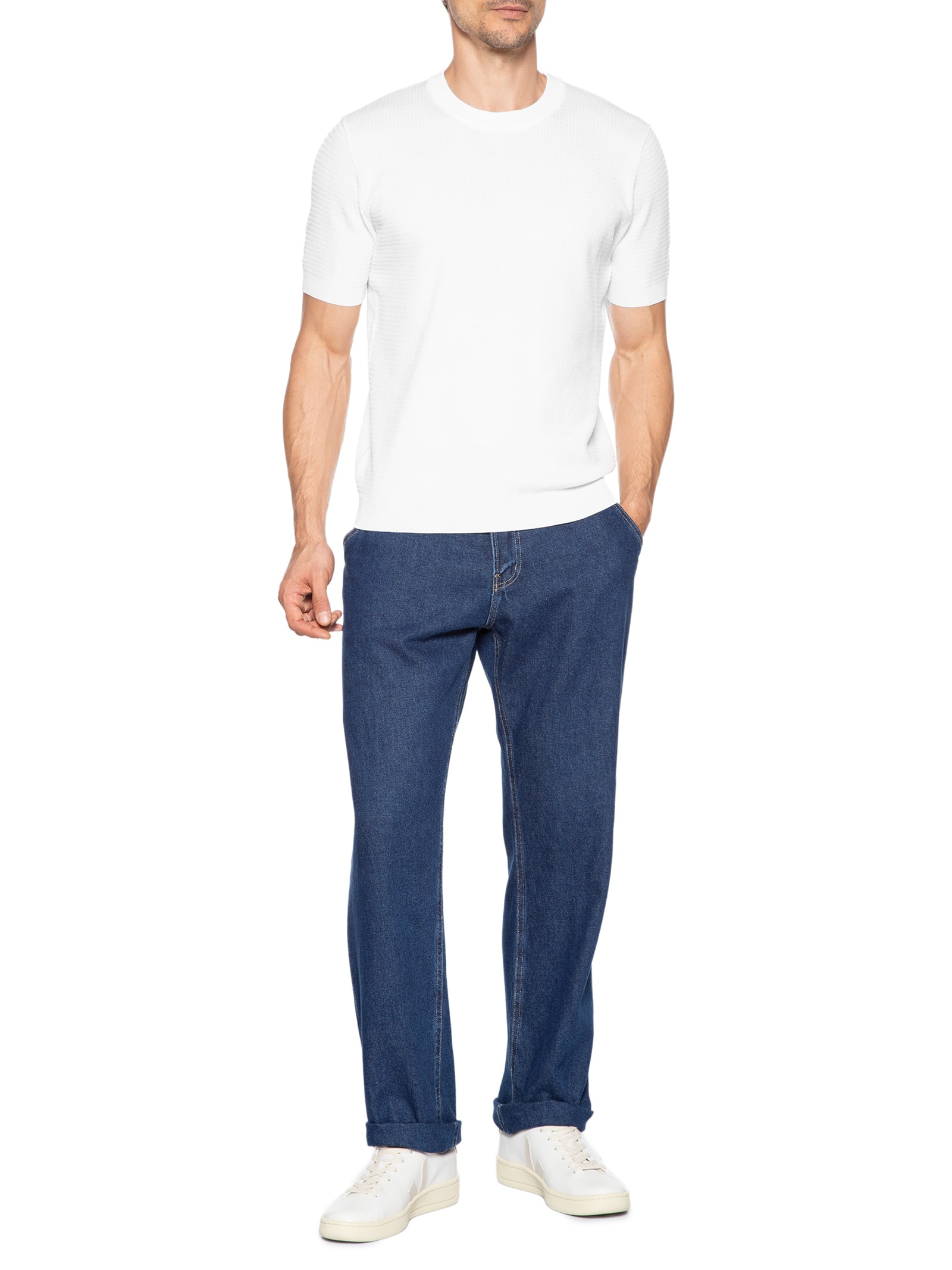 Camiseta Masculina Gola Redonda Em Tricot Branco '2 Essential