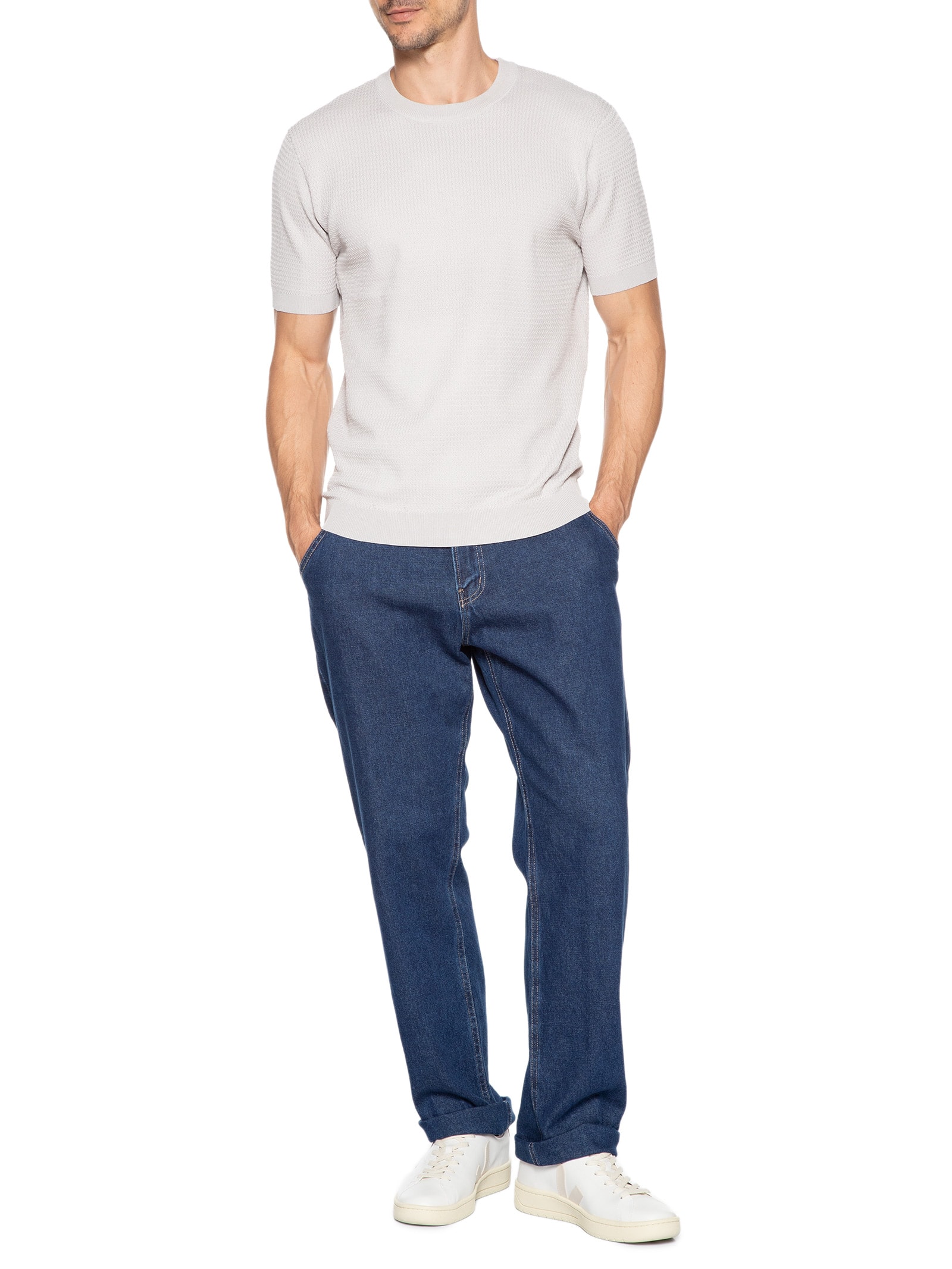 Camiseta Masculina Gola Redonda Em Tricot Cinza '2 Essential