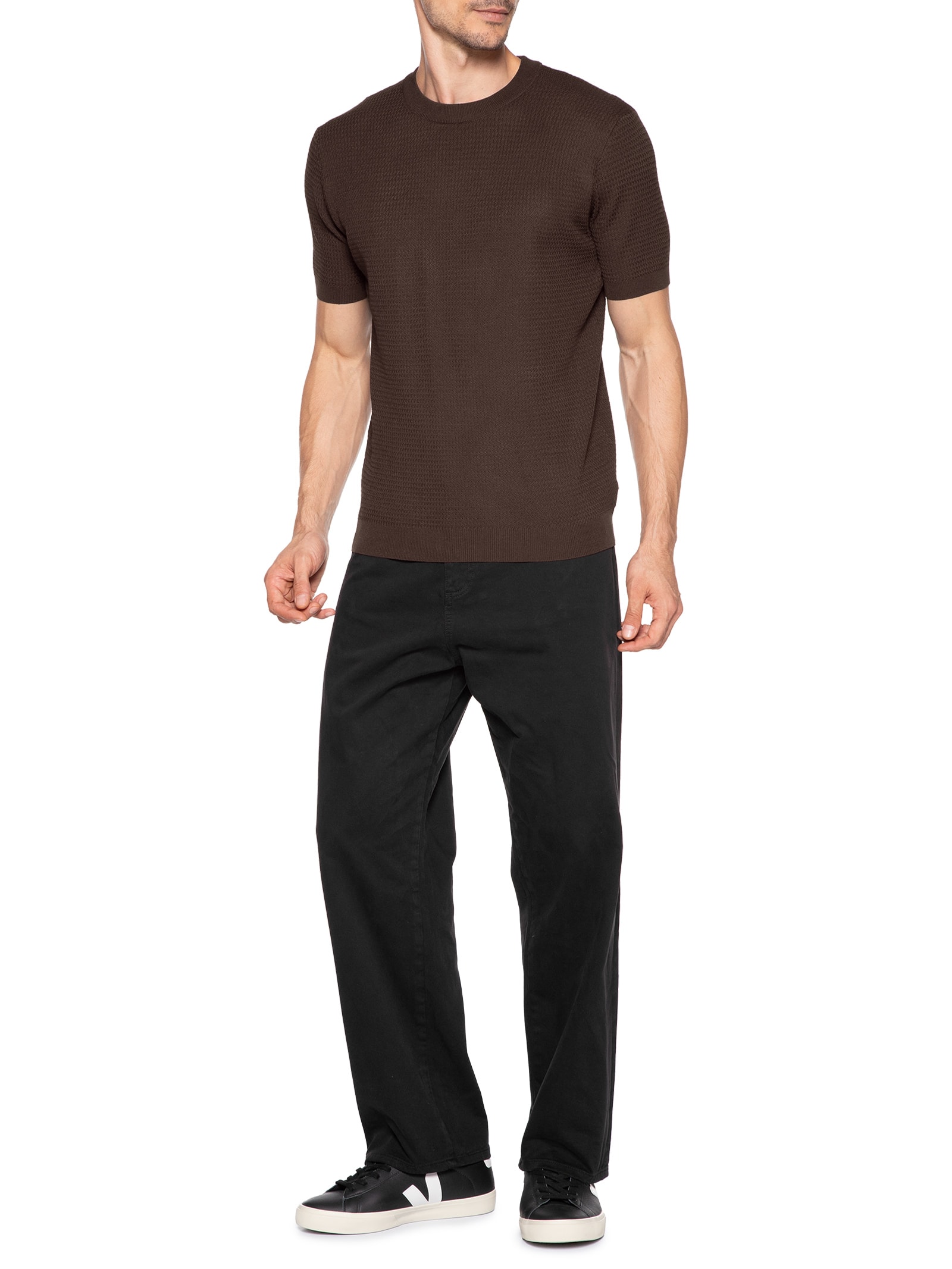 Camiseta Masculina Gola Redonda Em Tricot Marrom '2 Essential