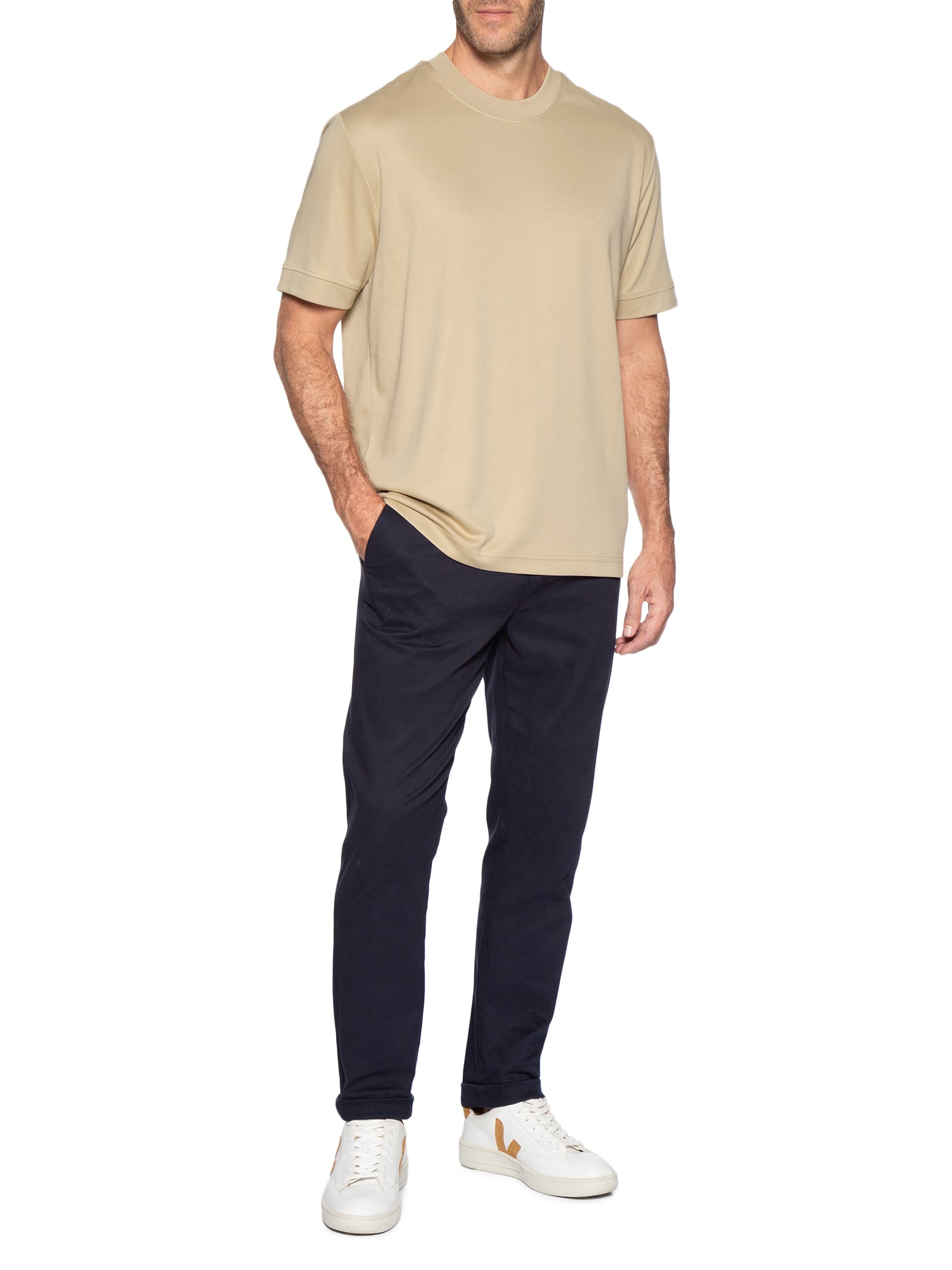 Camiseta Masculina Gola Redonda Reforçada – Bege '2 Essential