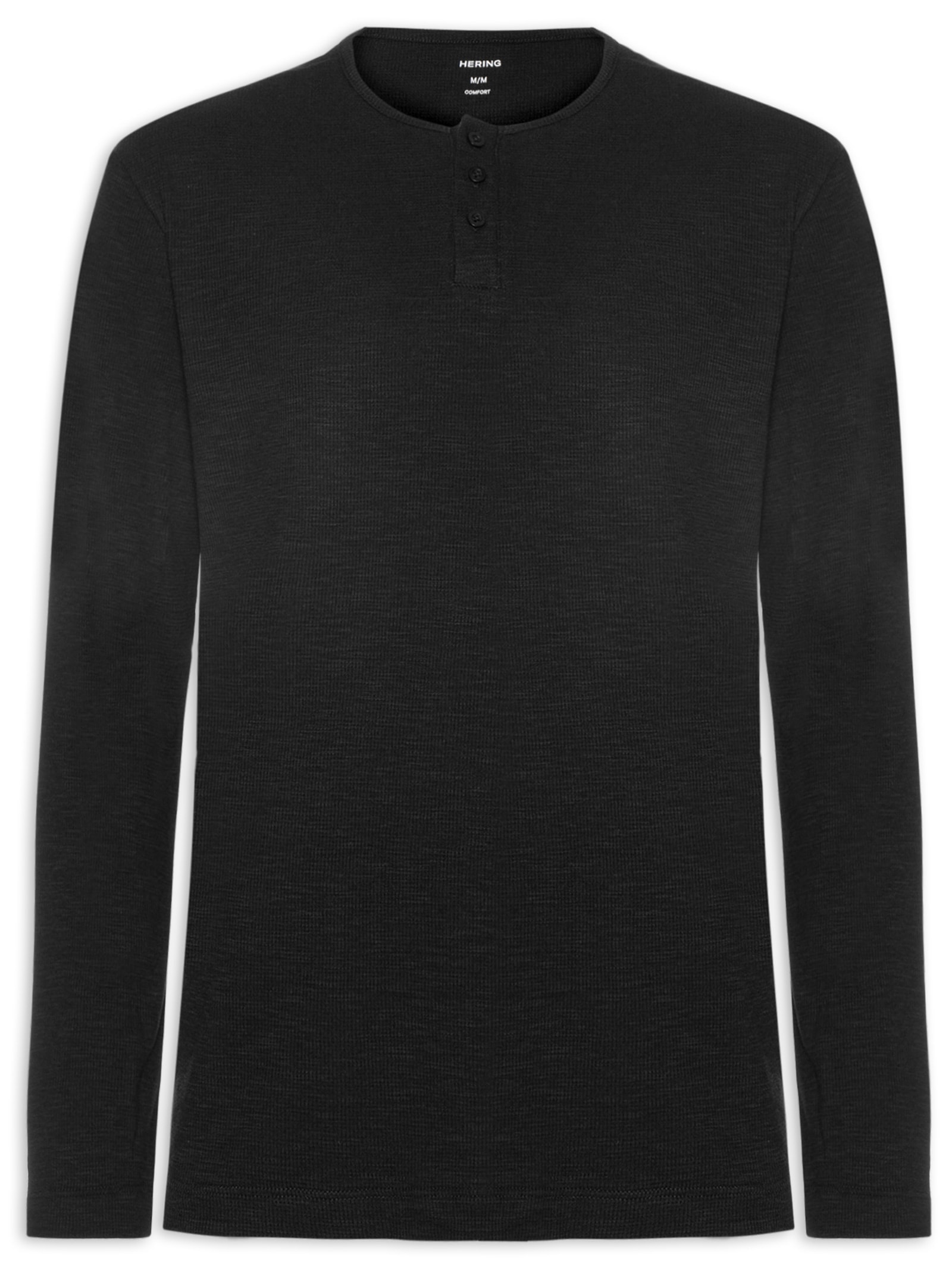 Camiseta Masculina Henley Ml Em Malha Th Preto Hering