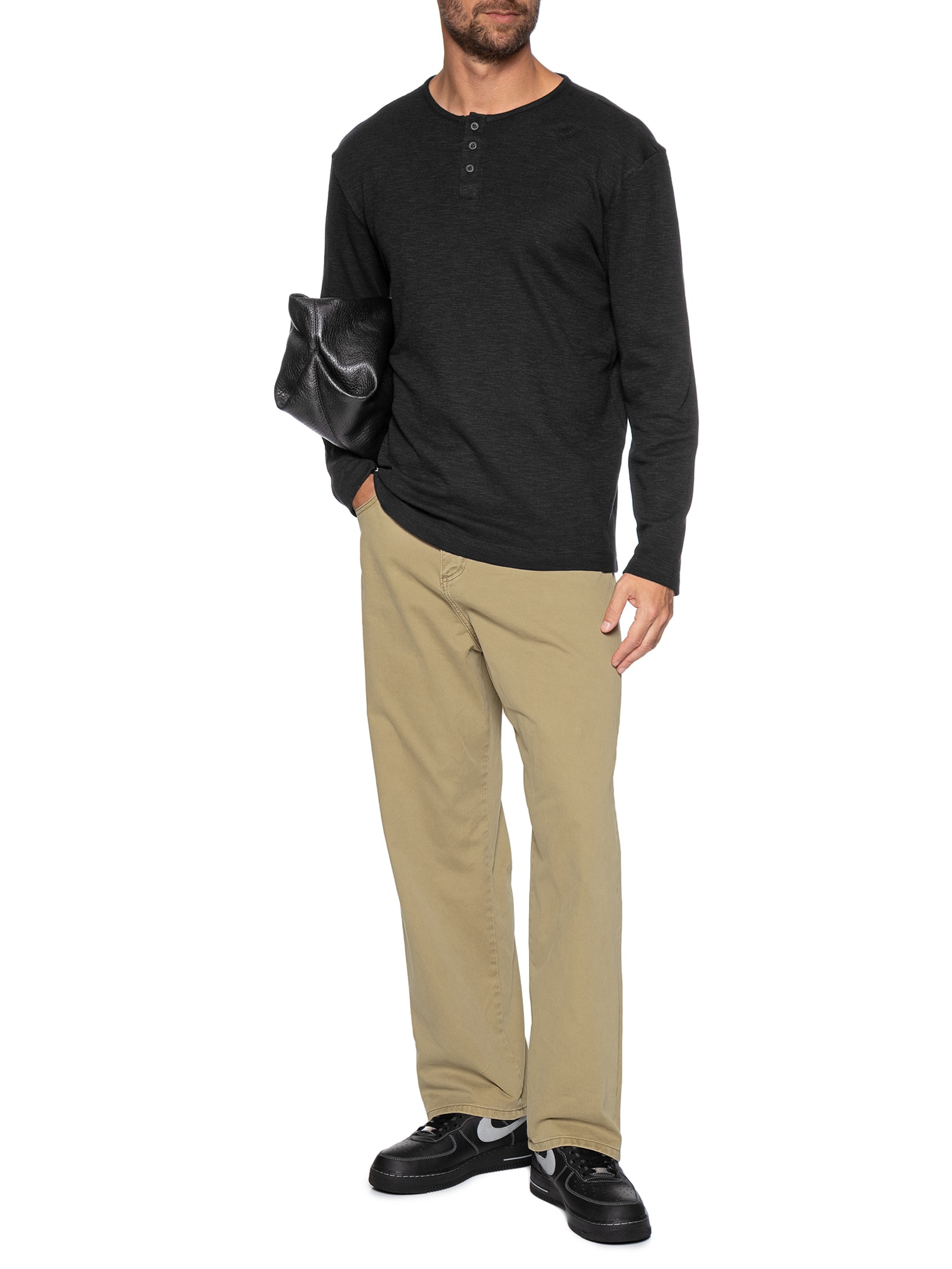 Camiseta Masculina Henley Ml Em Malha Th Preto Hering