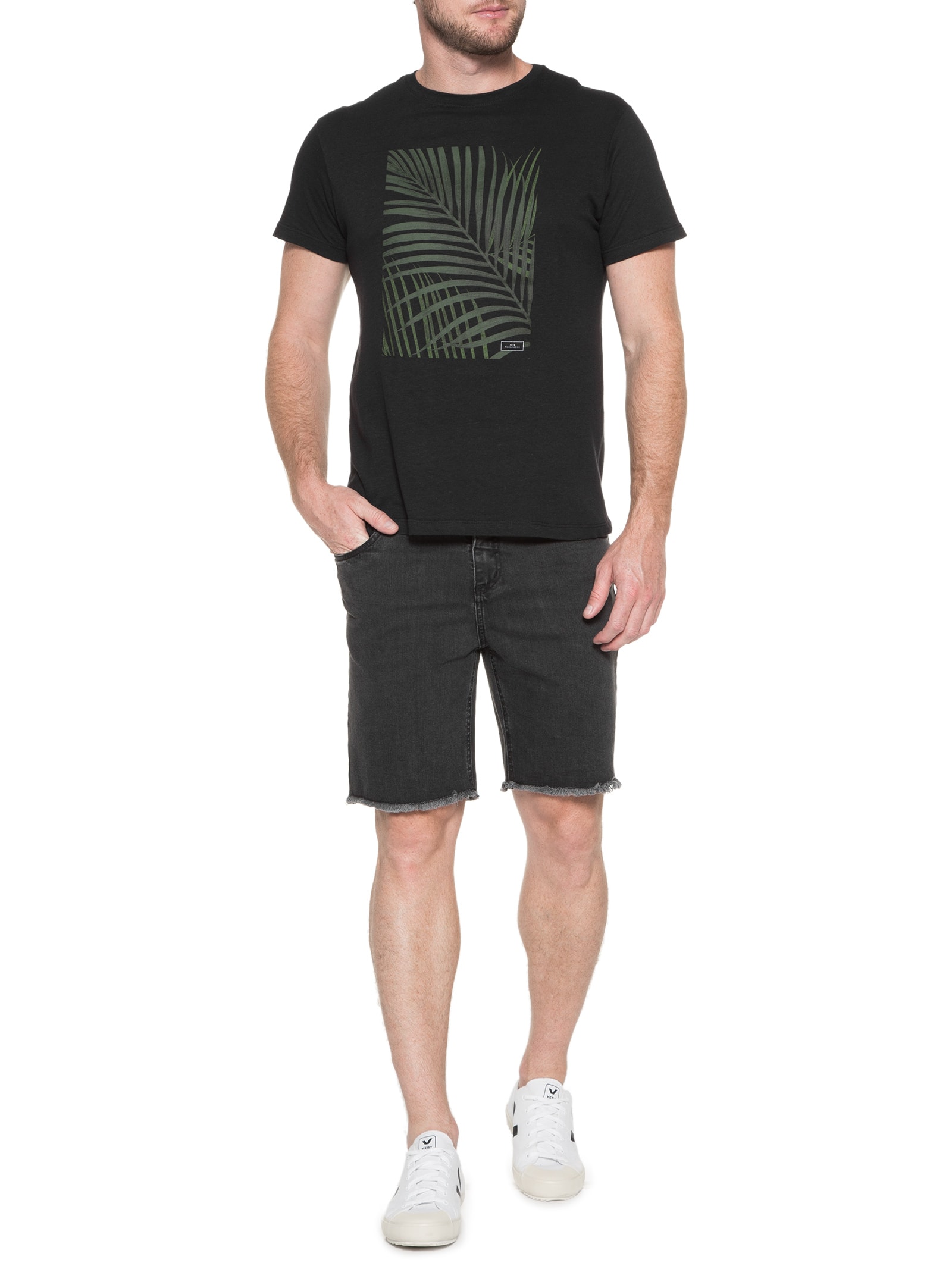 Camiseta Masculina Linho Tropicals Preto Foxton