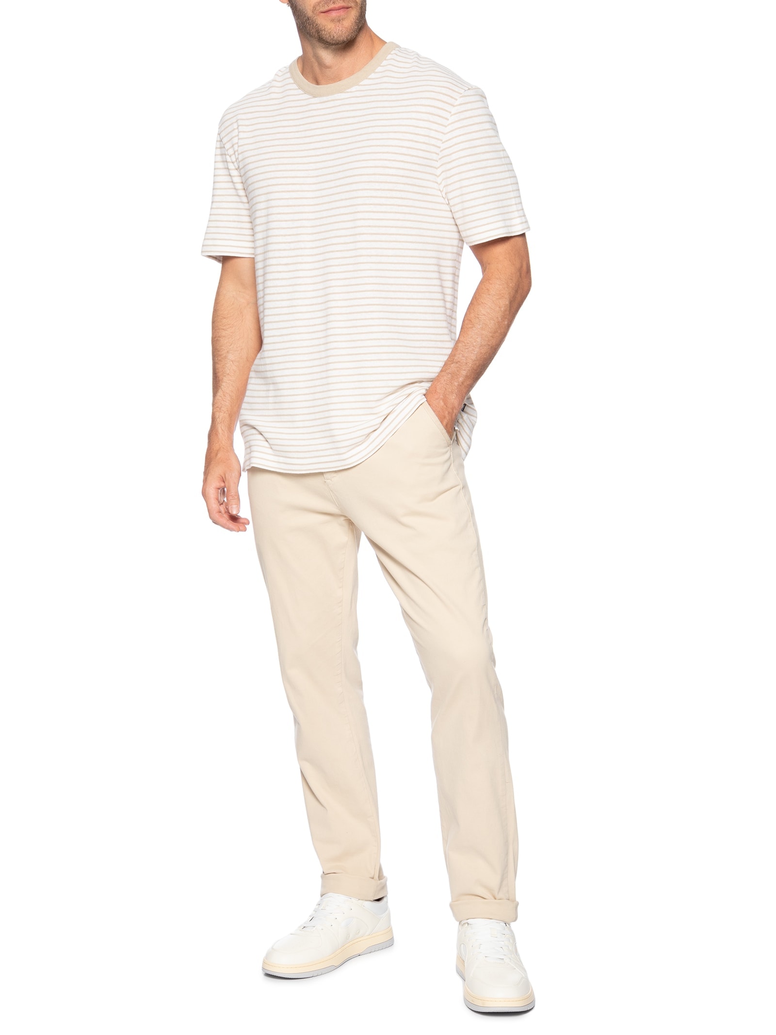 Camiseta Masculina Listrada de Linho H Taut Bege Boss