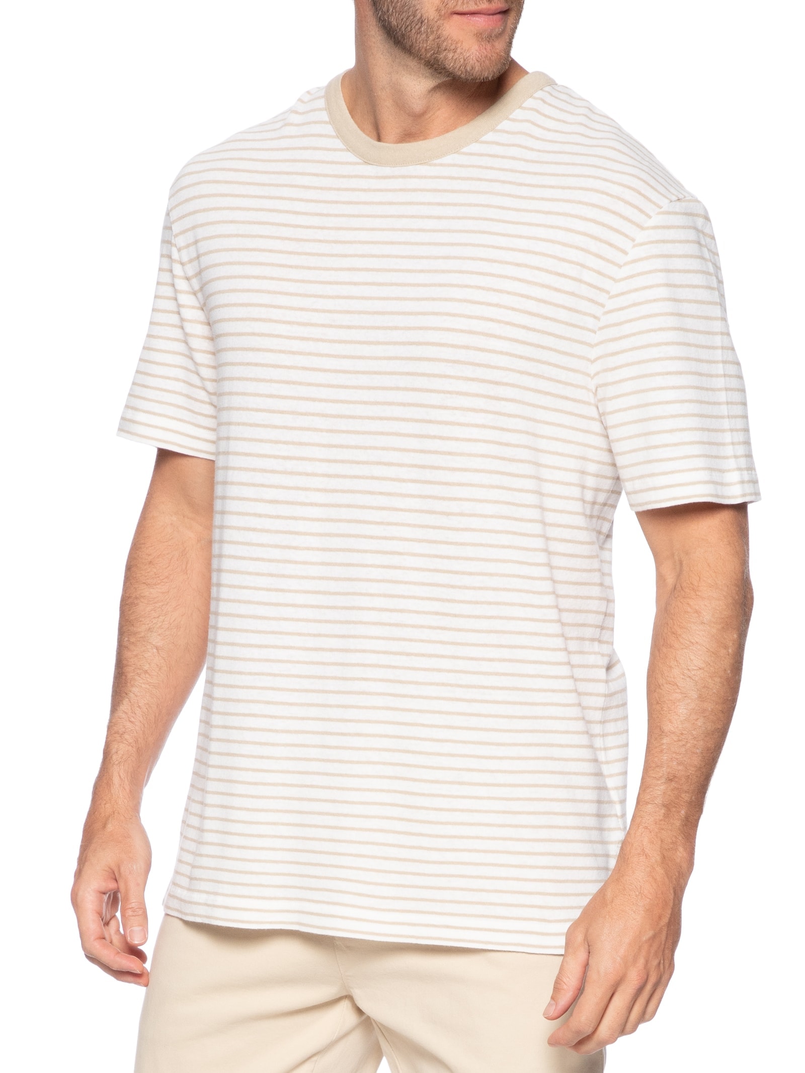 Camiseta Masculina Listrada de Linho H Taut Bege Boss