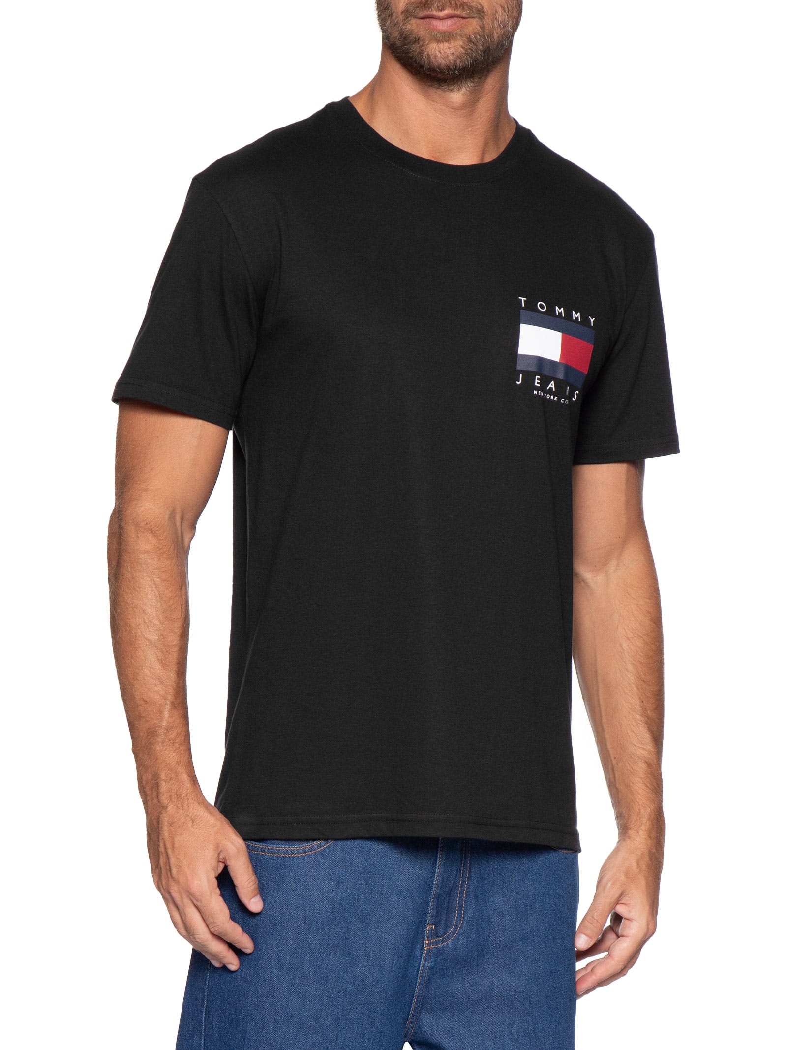 Camiseta Masculina Logo Flag Grande Preto Tommy Jeans