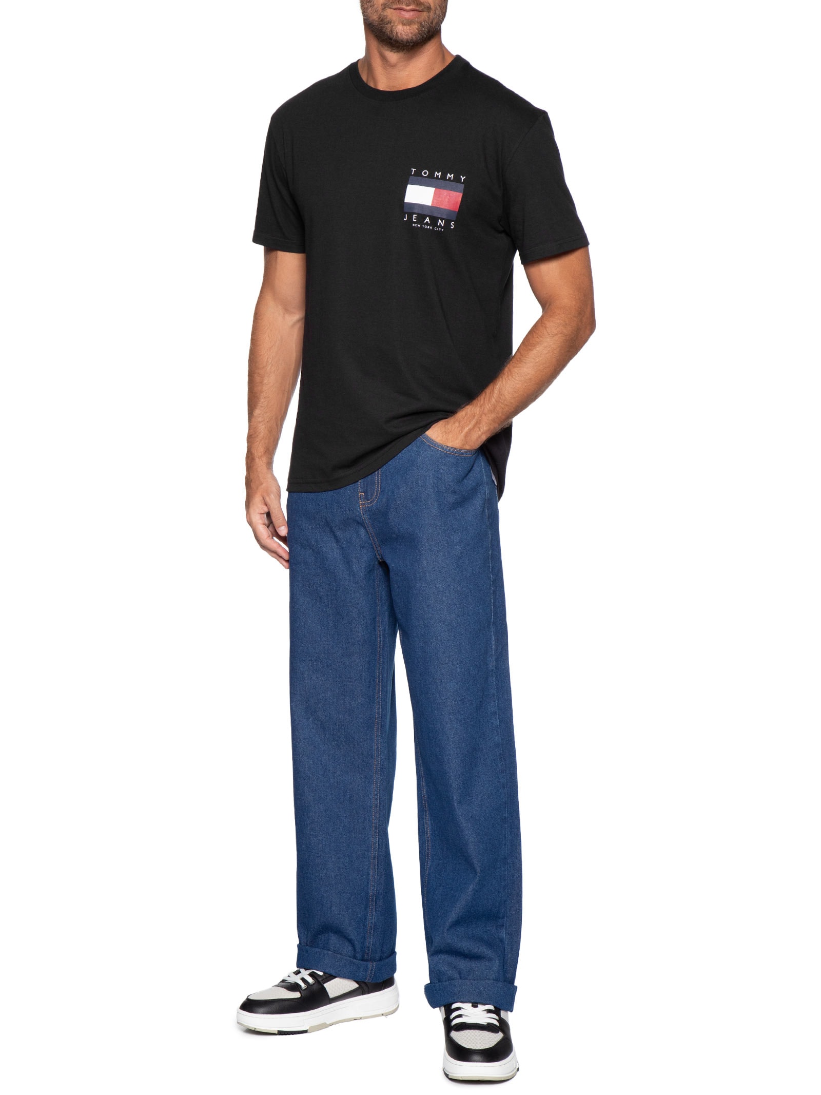 Camiseta Masculina Logo Flag Grande Preto Tommy Jeans