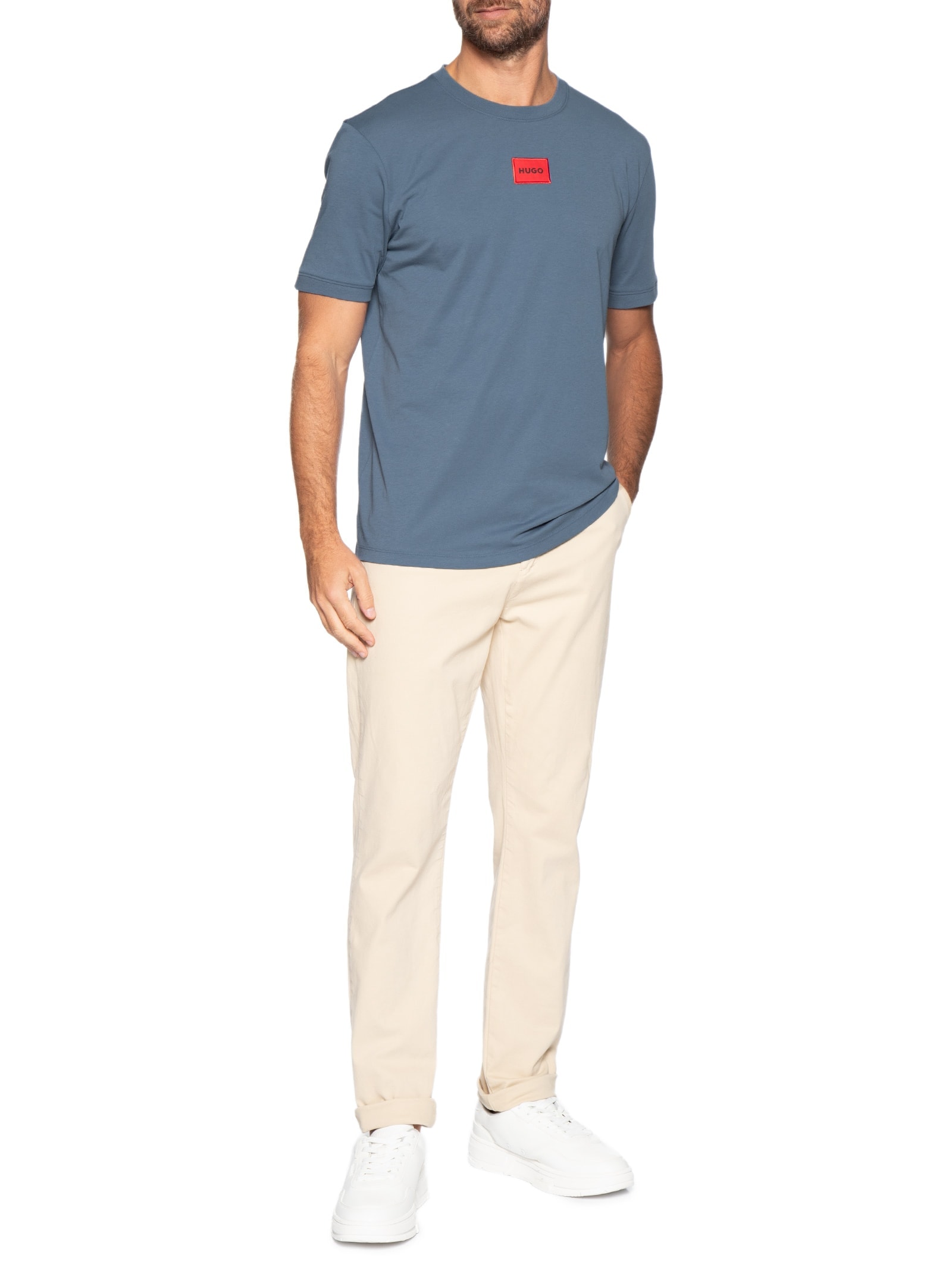 Camiseta Masculina Logo Label Crew Neck Diragolino Azul Hugo