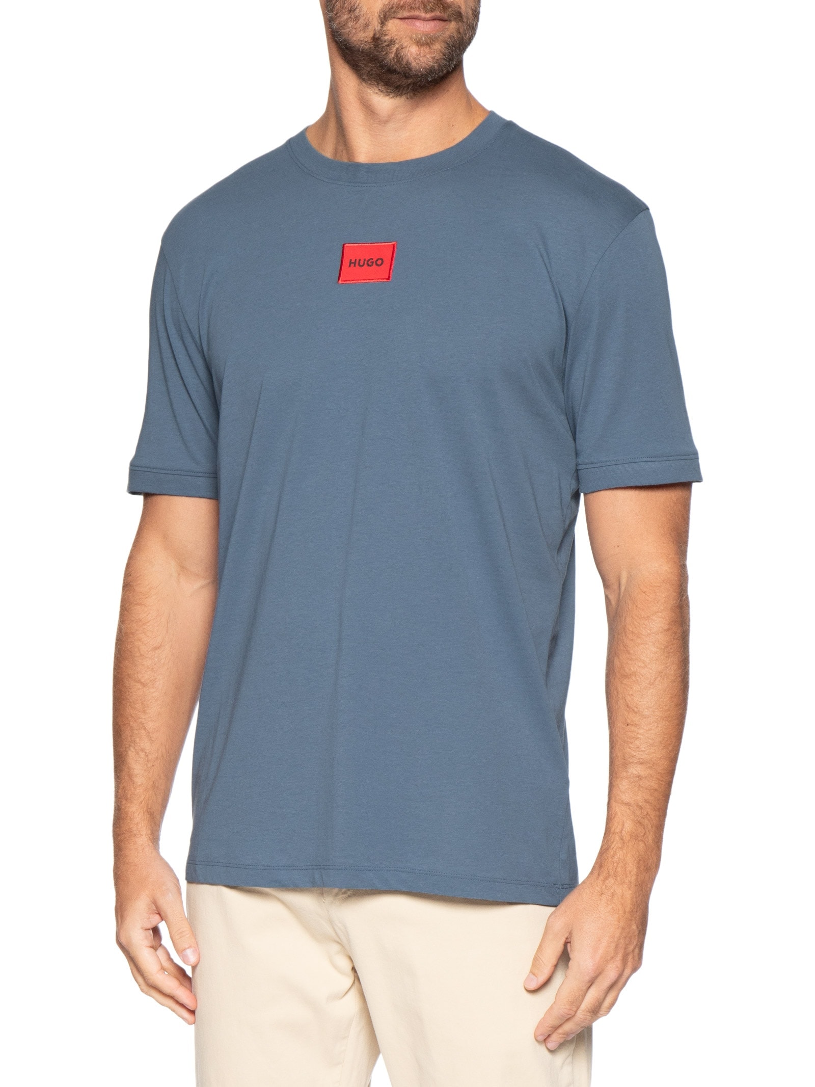 Camiseta Masculina Logo Label Crew Neck Diragolino Azul Hugo