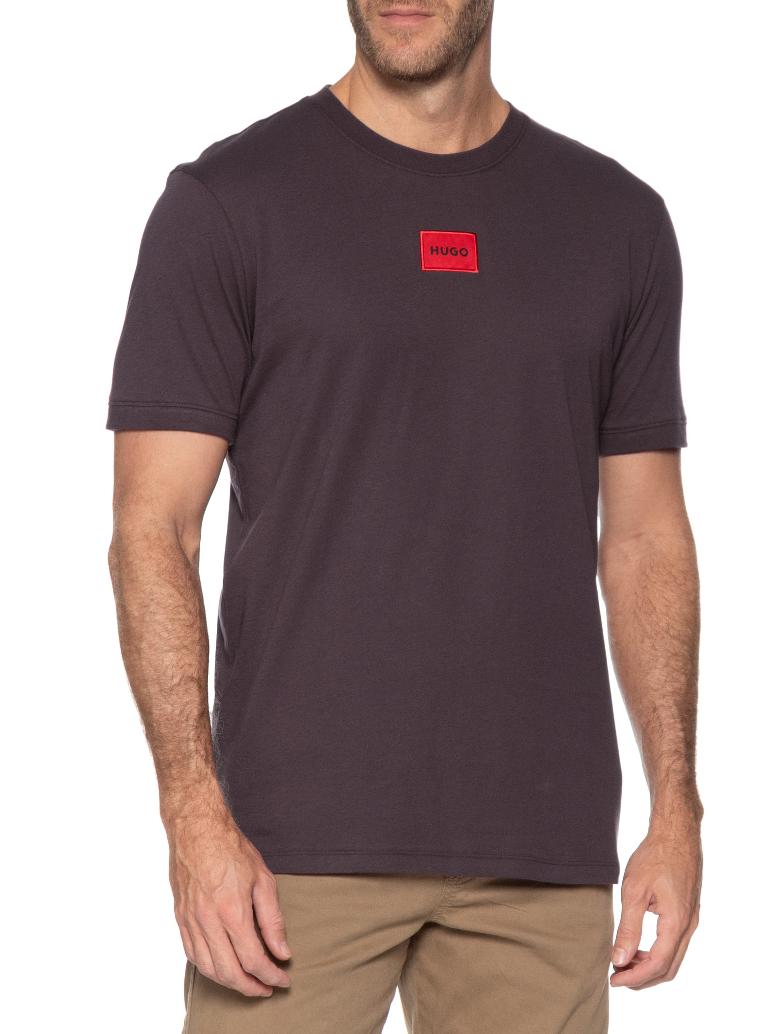 Camiseta Masculina Logo- Label Crew Neck Diragolino Marrom Hugo