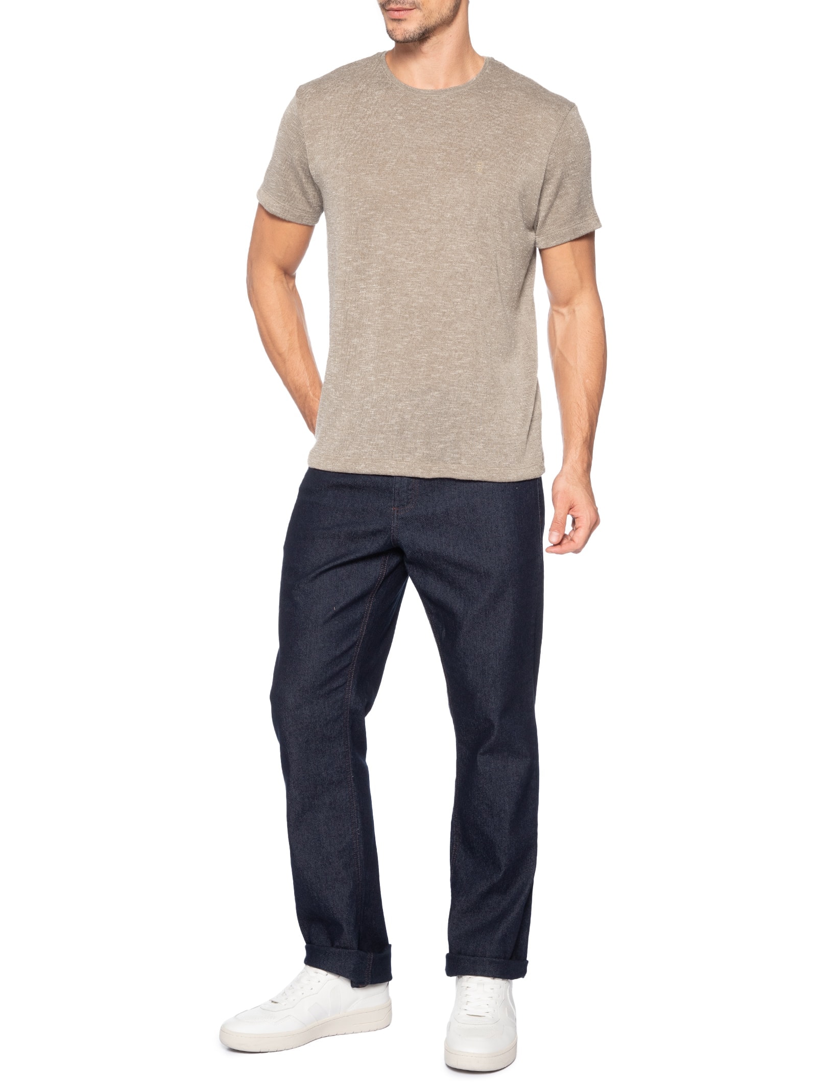 Camiseta Masculina Malha Tricot Gola Careca Bege Sergio K