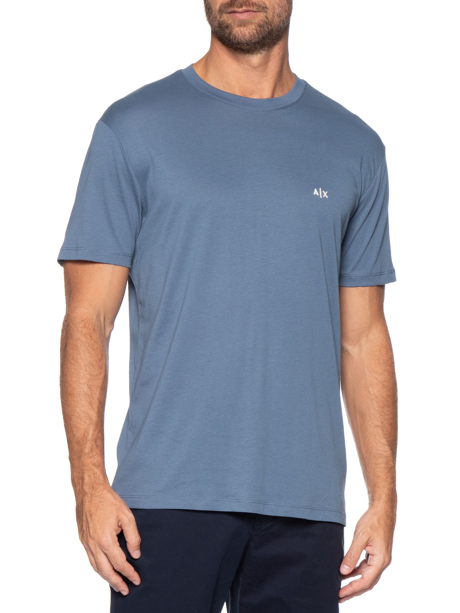 Camiseta Masculina Manga Curta AX Mini Bordado Azul Armani Exchange