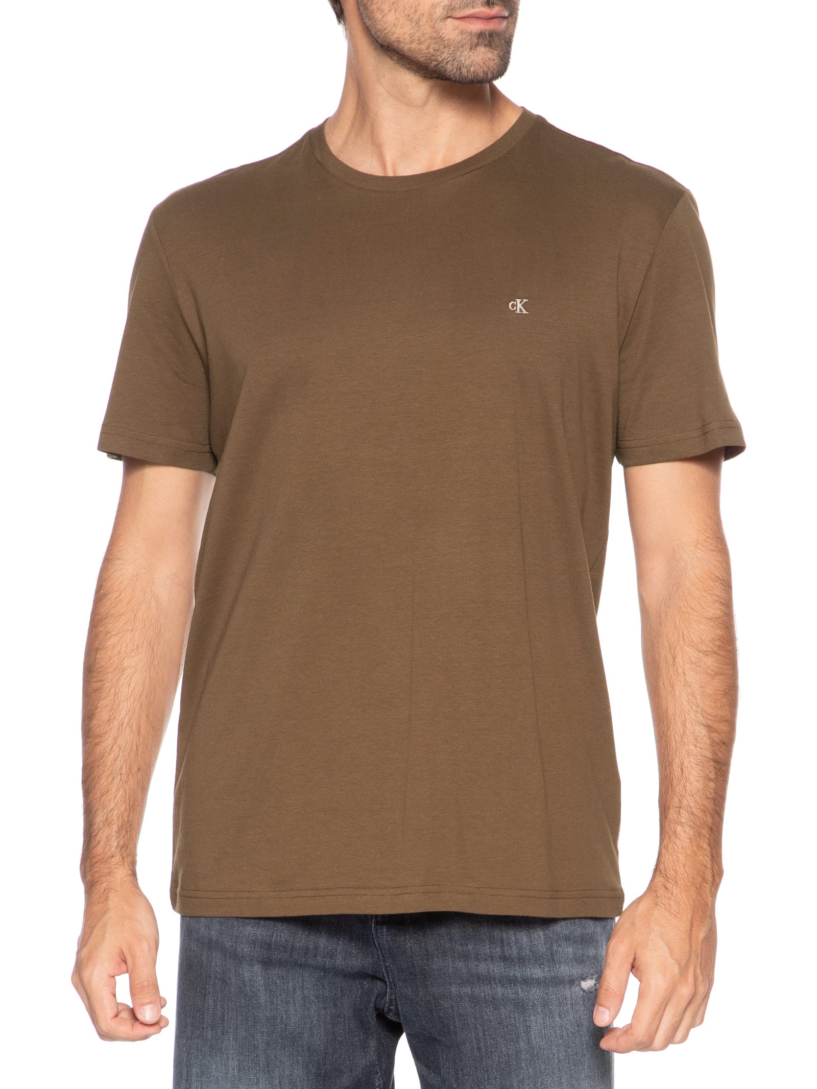 Camiseta Masculina Manga Curta Bordado Marrom Calvin Klein Jeans
