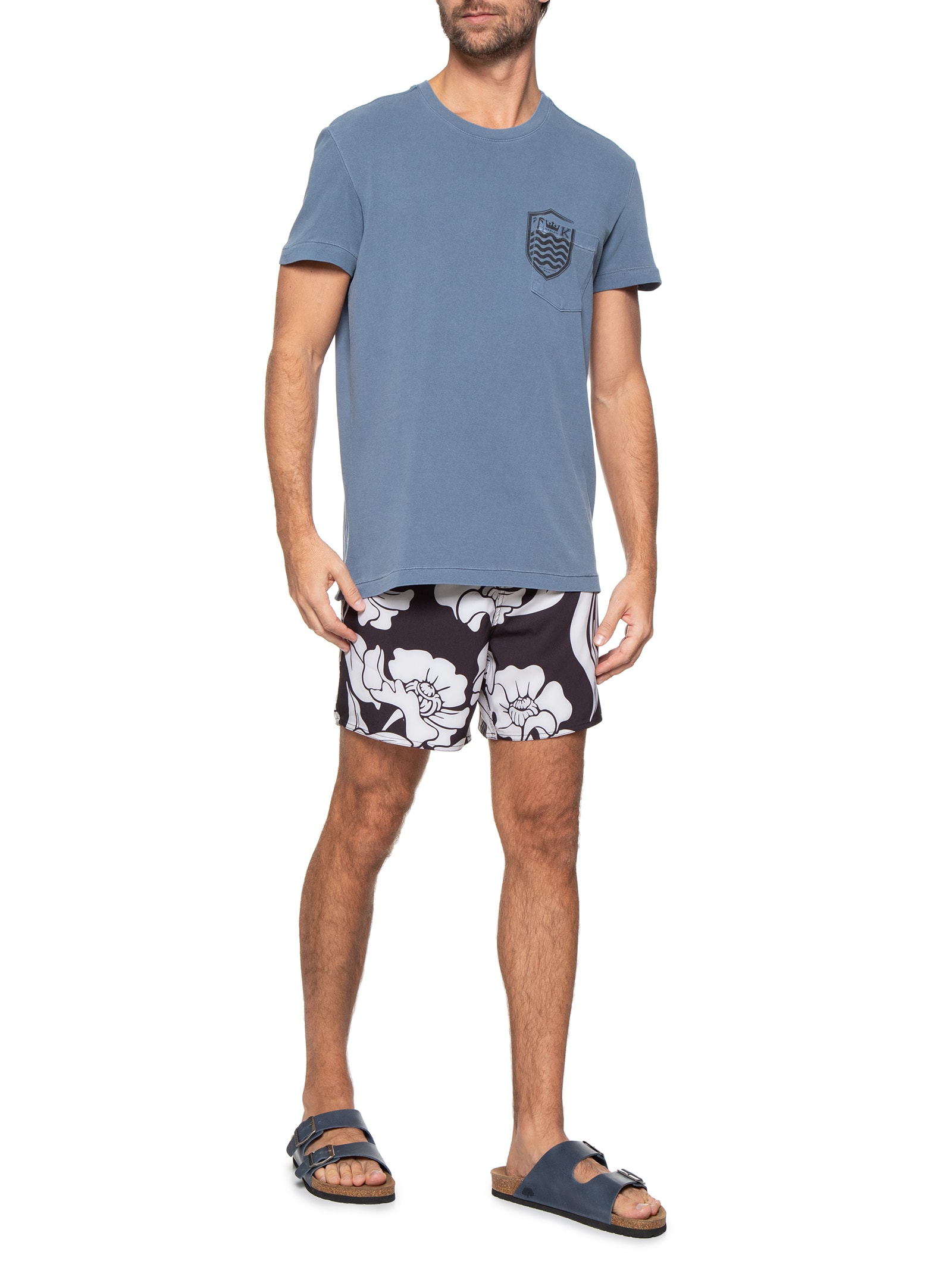 Camiseta Masculina Manga Curta Gola Careca Bolso Brasão Azul Osklen