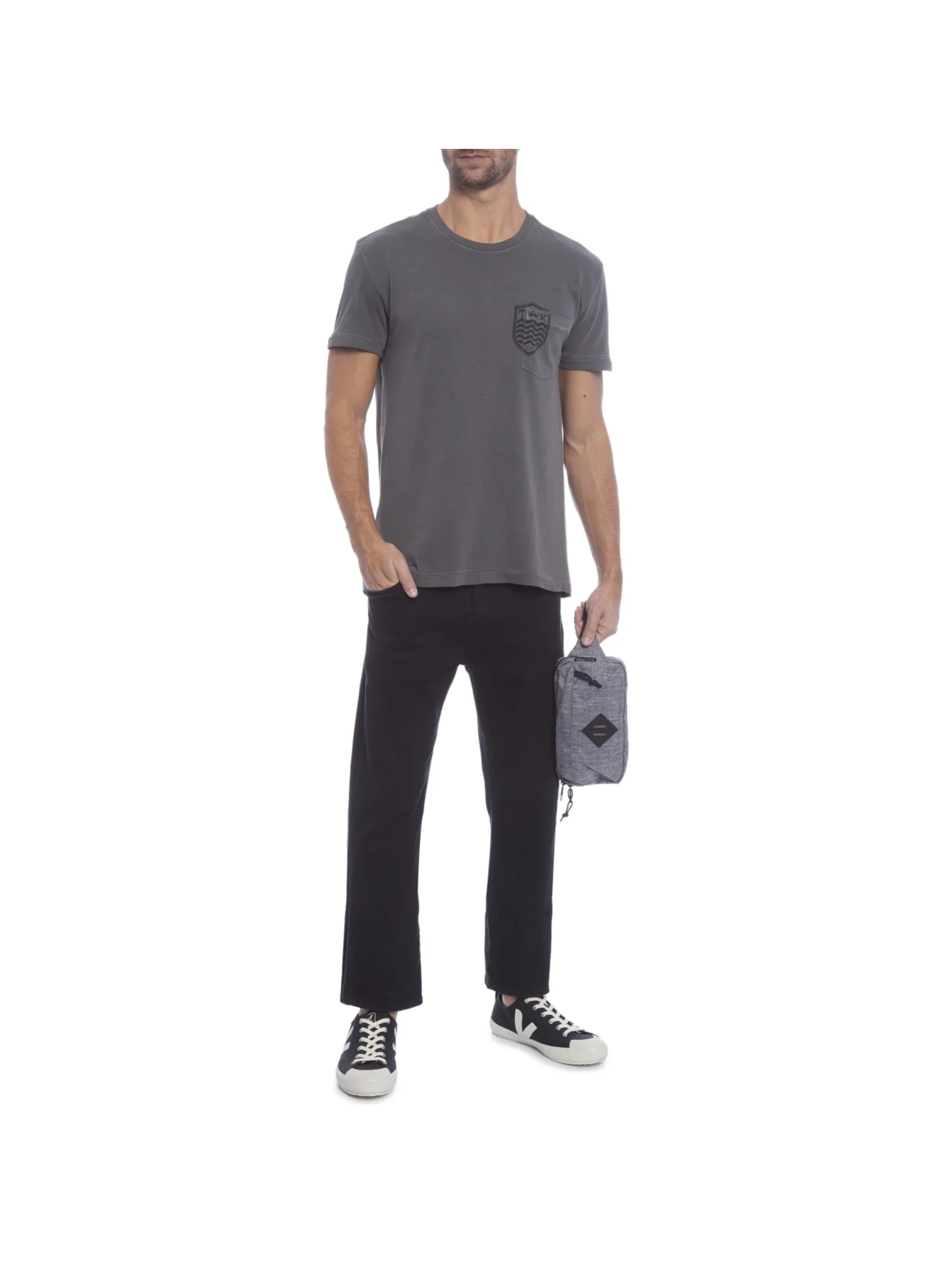 Camiseta Masculina Manga Curta Gola Careca Bolso Brasao Cinza Osklen