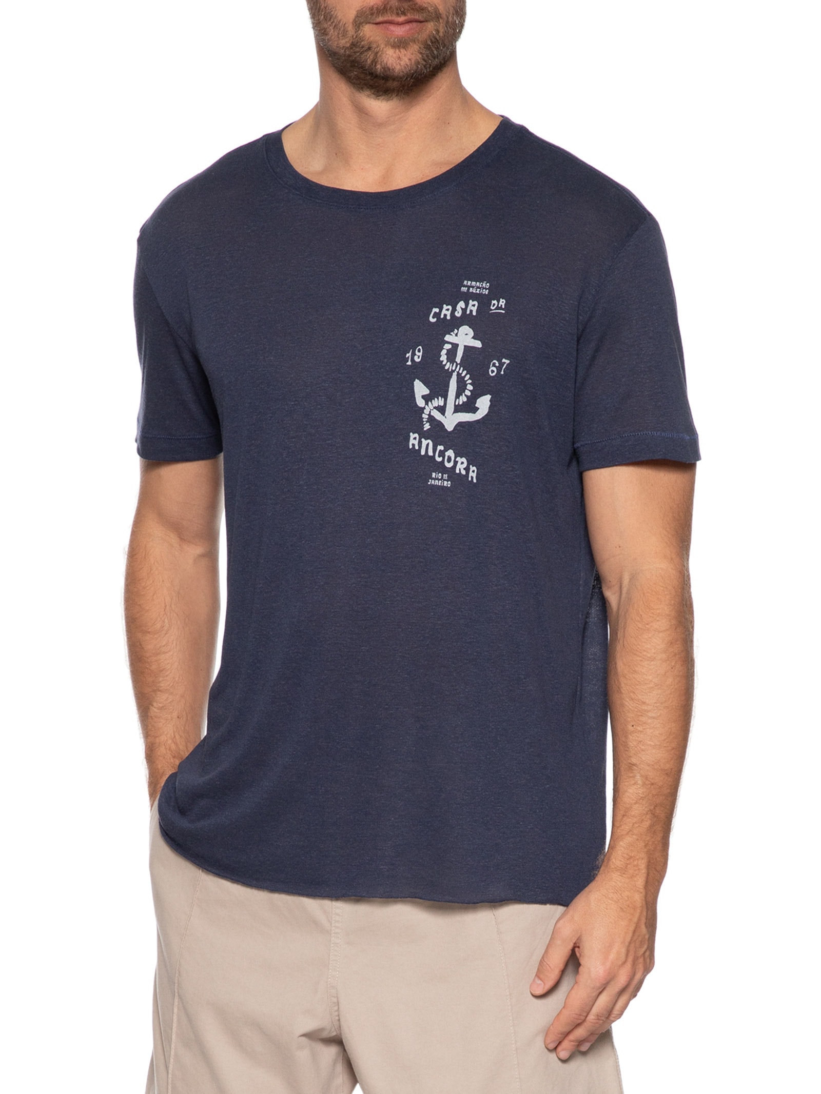 Camiseta Masculina Manga Curta Gola Careca Casa Da Ancora Light Linen Azul Osklen