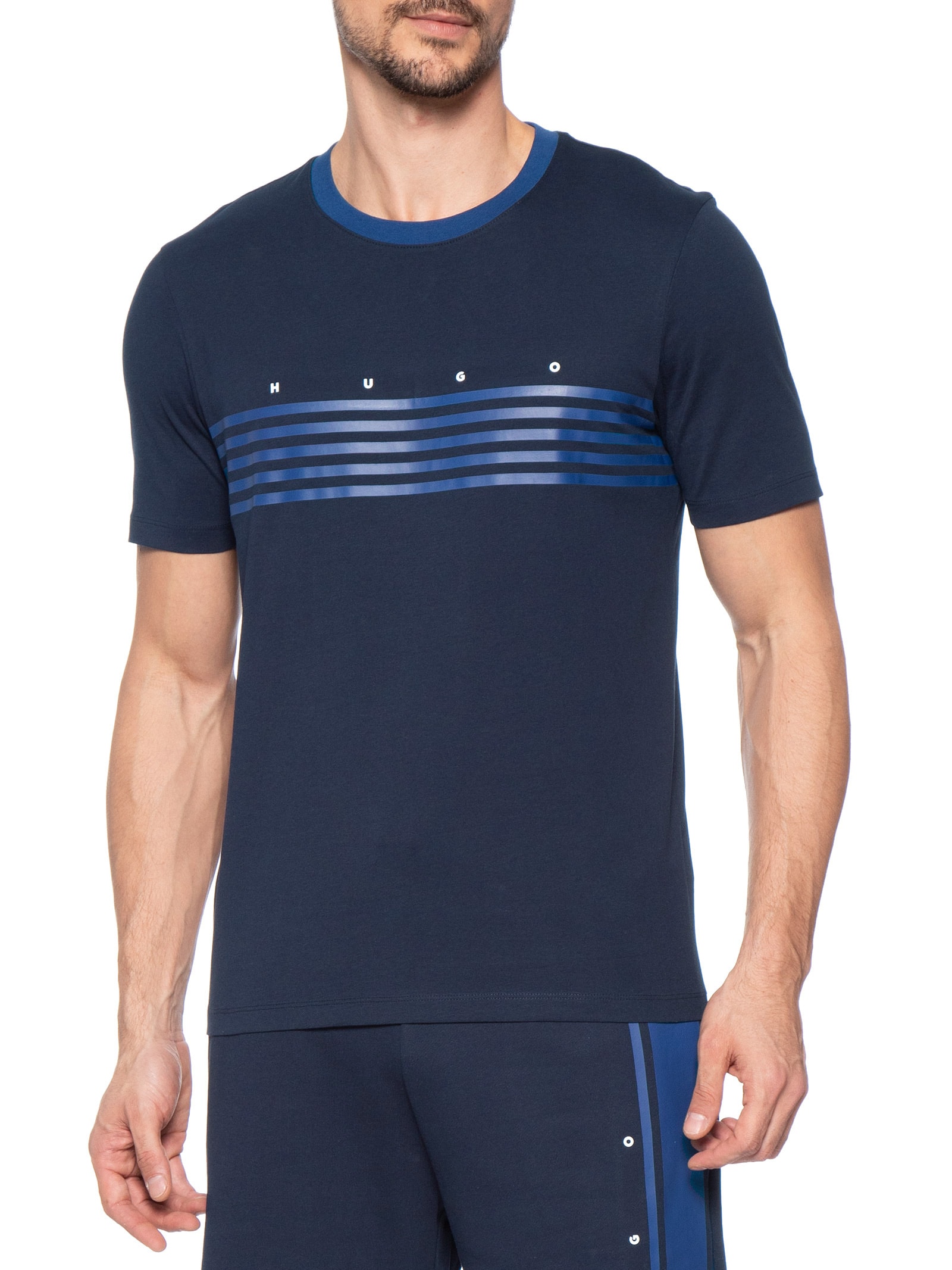 Camiseta Masculina Manga Curta Gola Careca Dempsy Azul Hugo