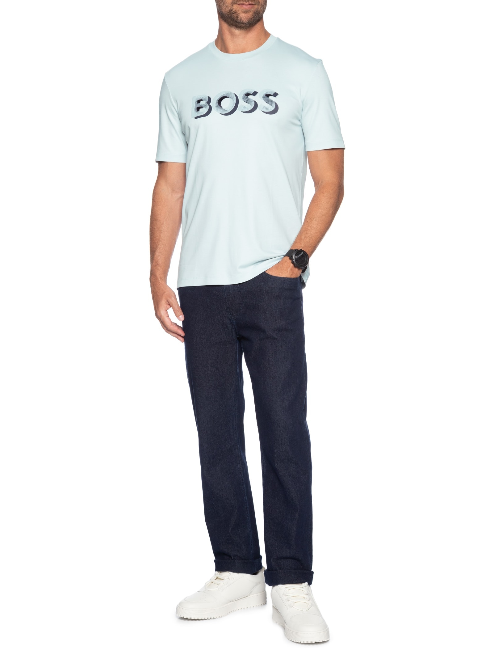 Camiseta Masculina Manga Curta Gola Careca H-Thompson Azul Boss