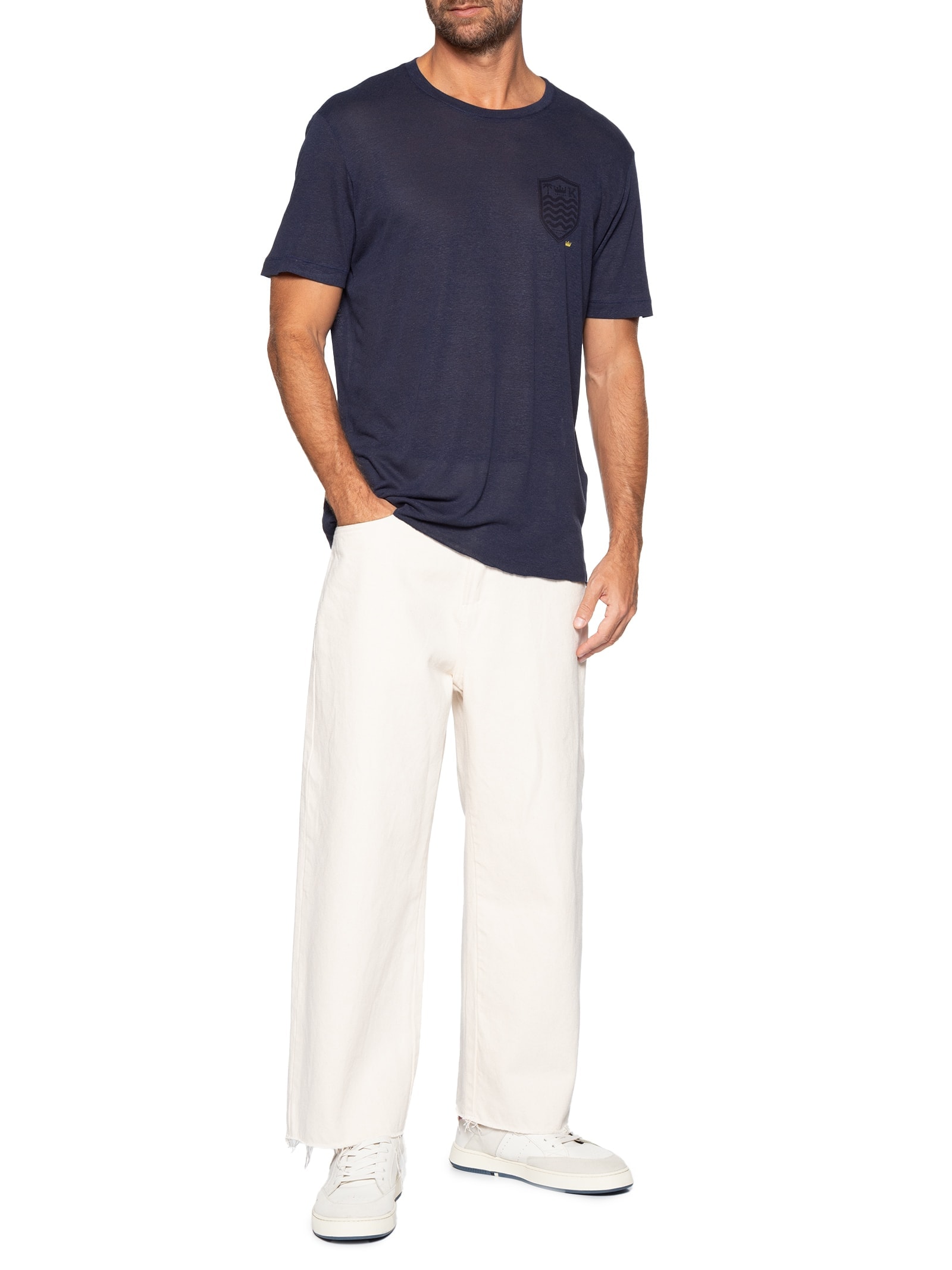 Camiseta Masculina Manga Curta Gola Careca Light Brasão Linen Azul Osklen