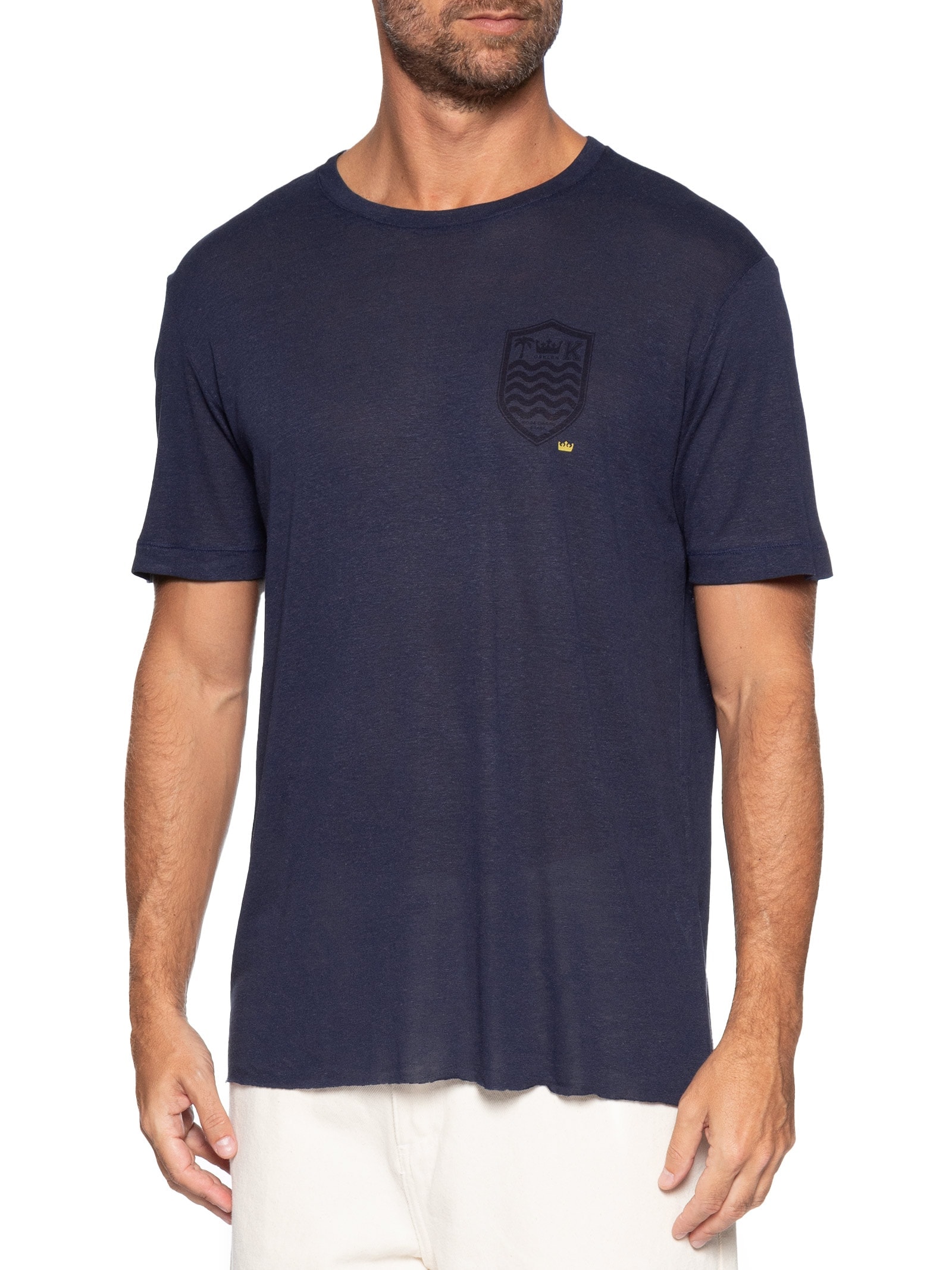Camiseta Masculina Manga Curta Gola Careca Light Brasão Linen Azul Osklen