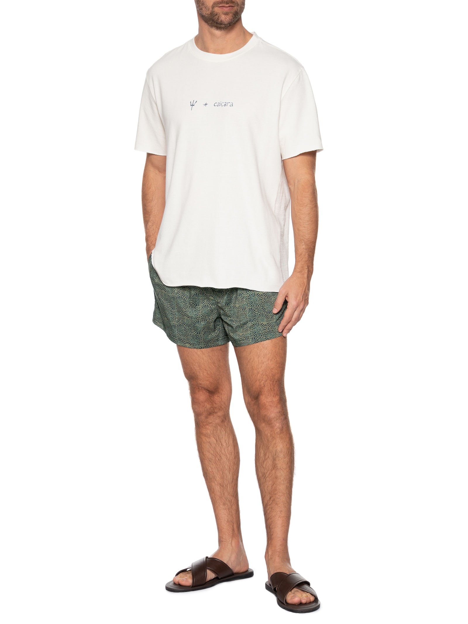 Camiseta Masculina Manga Curta Gola Careca Rustic Tridente Caiçara  Branco Osklen