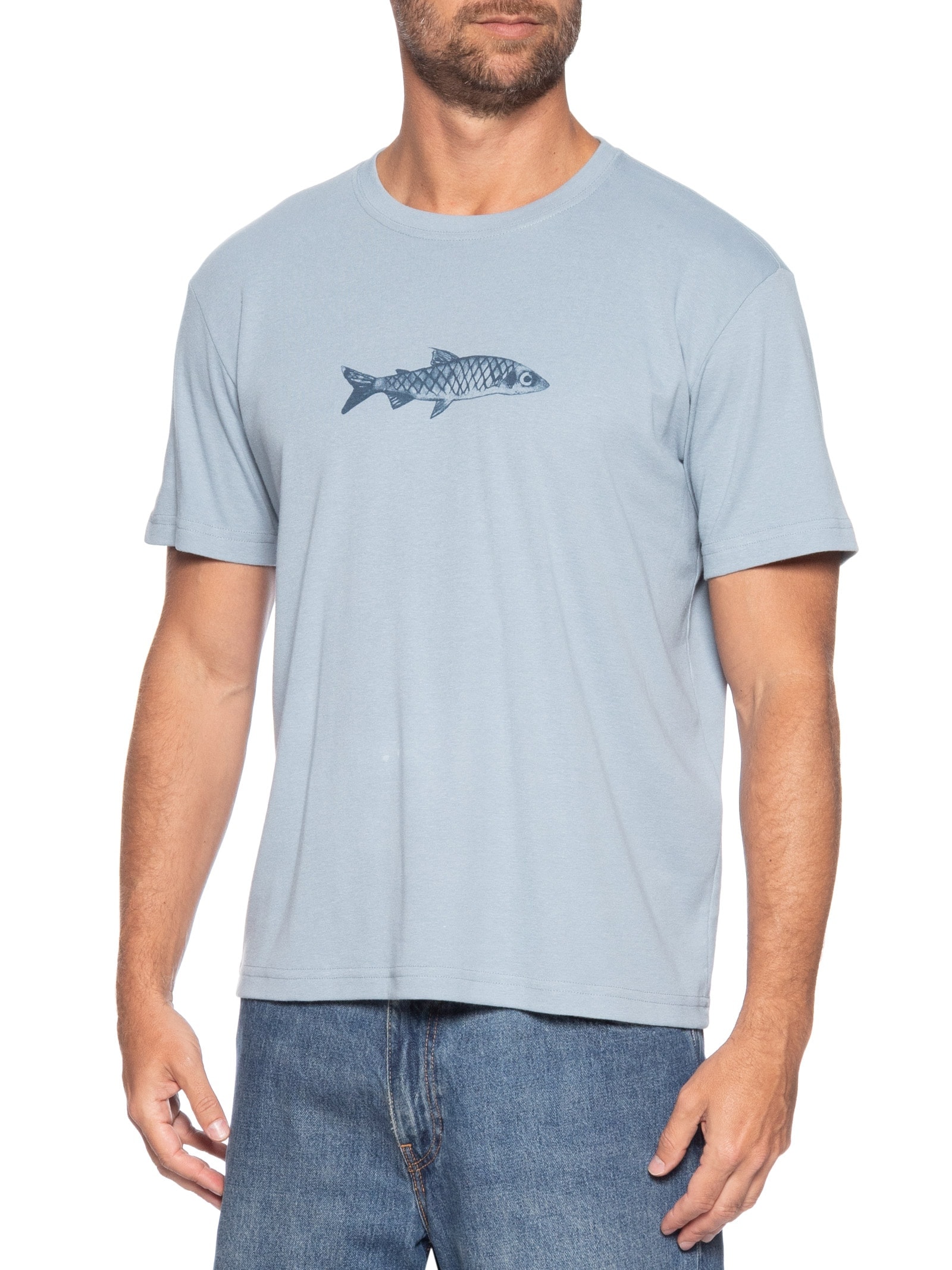 Camiseta Masculina Manga Curta Gola Careca Sardinha Over Azul Osklen