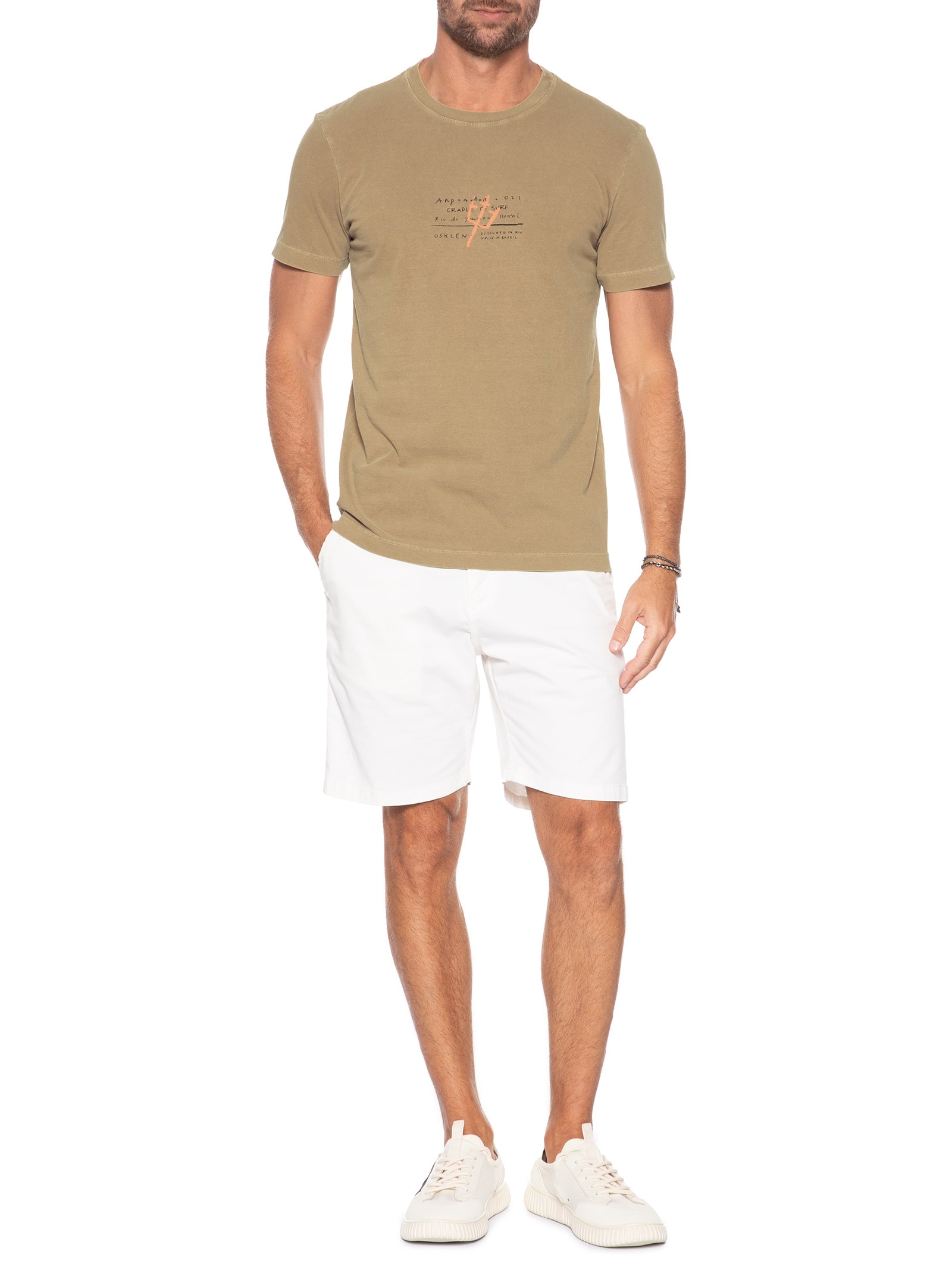 Camiseta Masculina Manga Curta Gola Careca Slim Stone Imperial Bege Osklen
