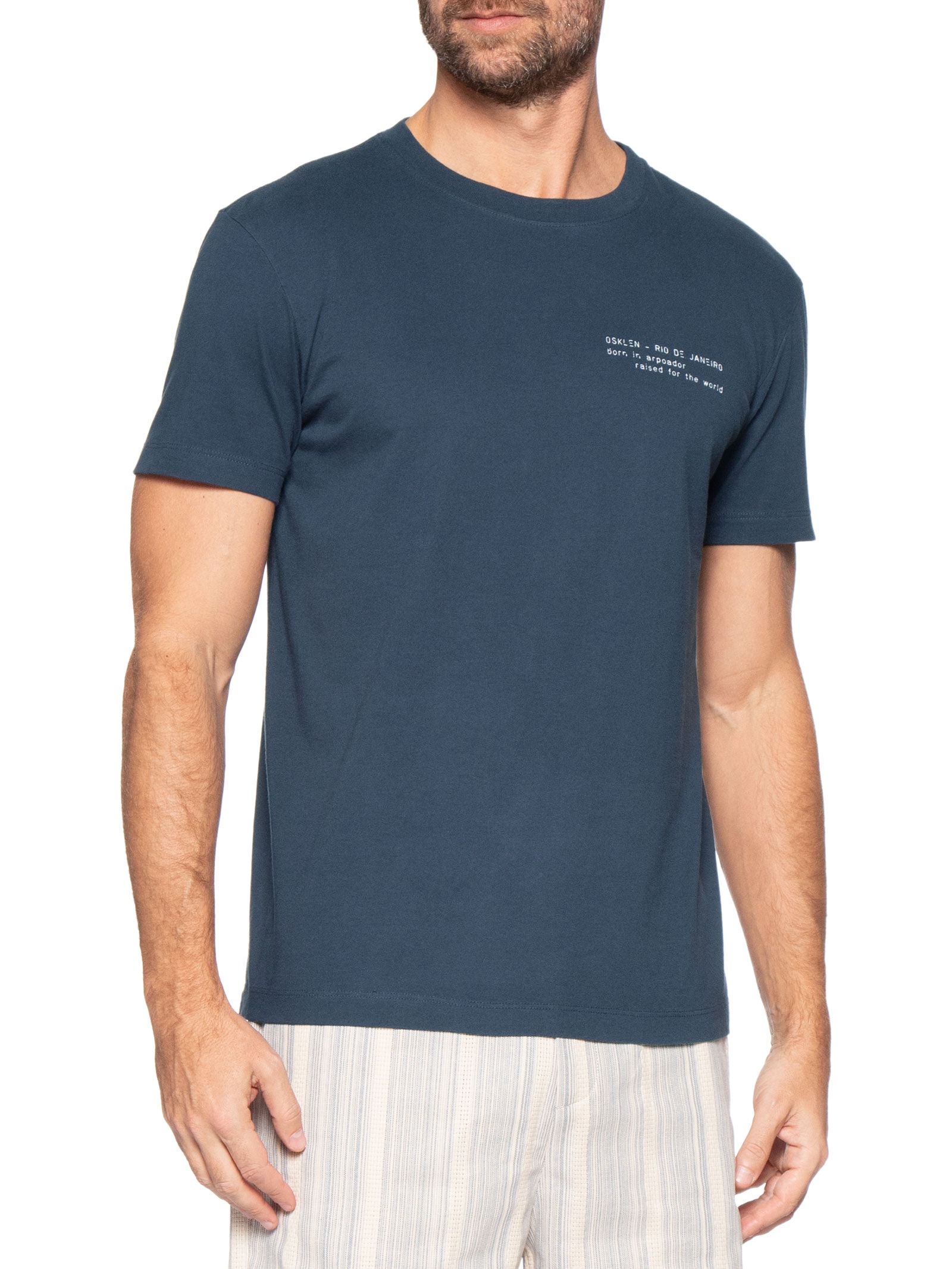 Camiseta Masculina Manga Curta Gola Careca Slim Vintage Azul Osklen