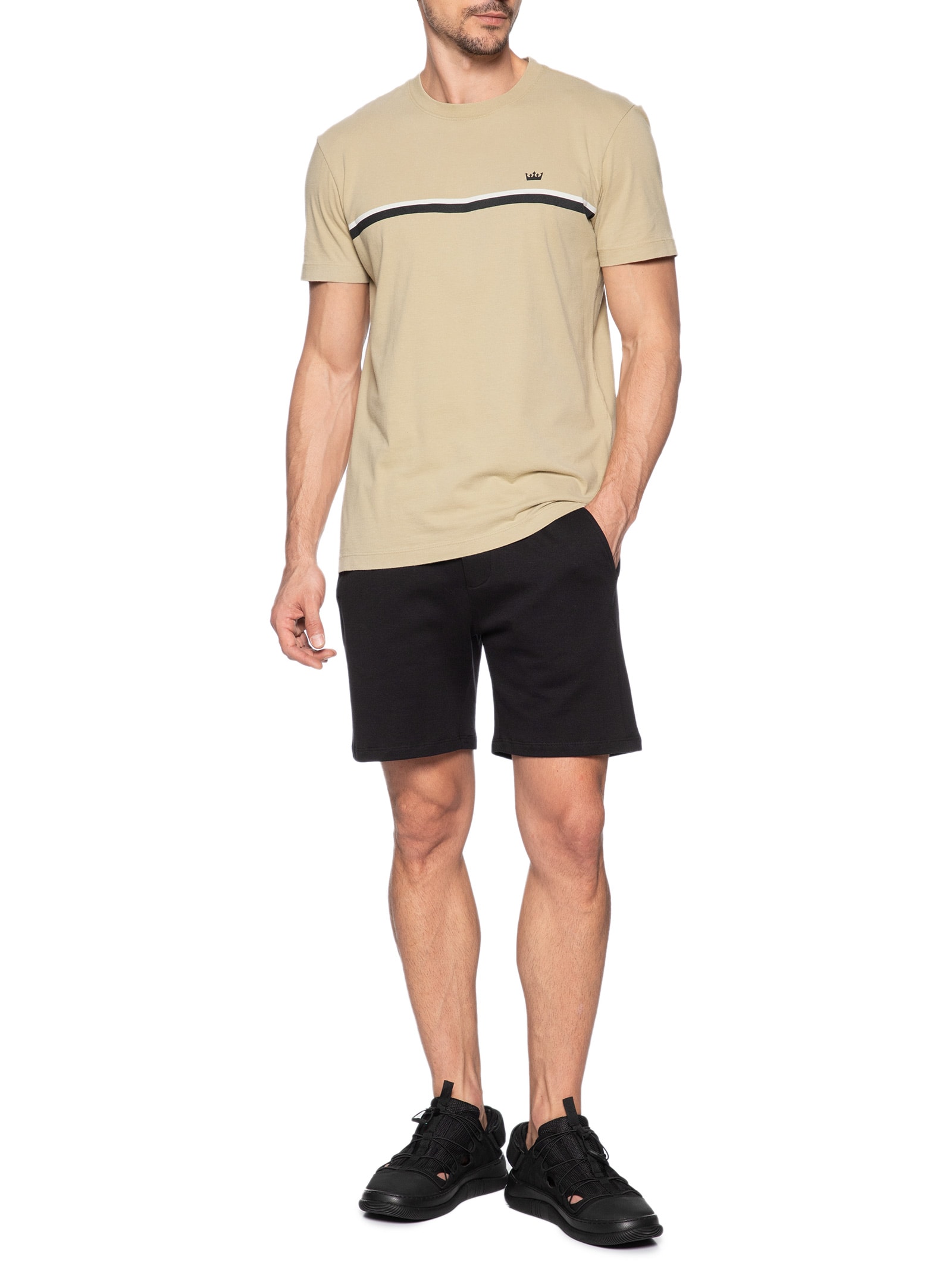 Camiseta Masculina Manga Curta Gola Careca Slim Vintage Listra Riva Coroa- Bege Osklen