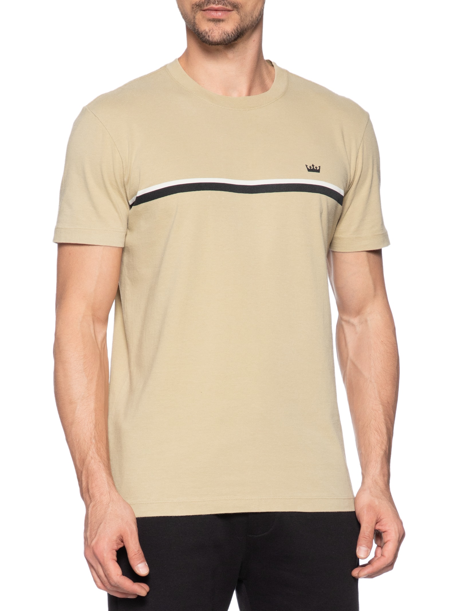Camiseta Masculina Manga Curta Gola Careca Slim Vintage Listra Riva Coroa- Bege Osklen