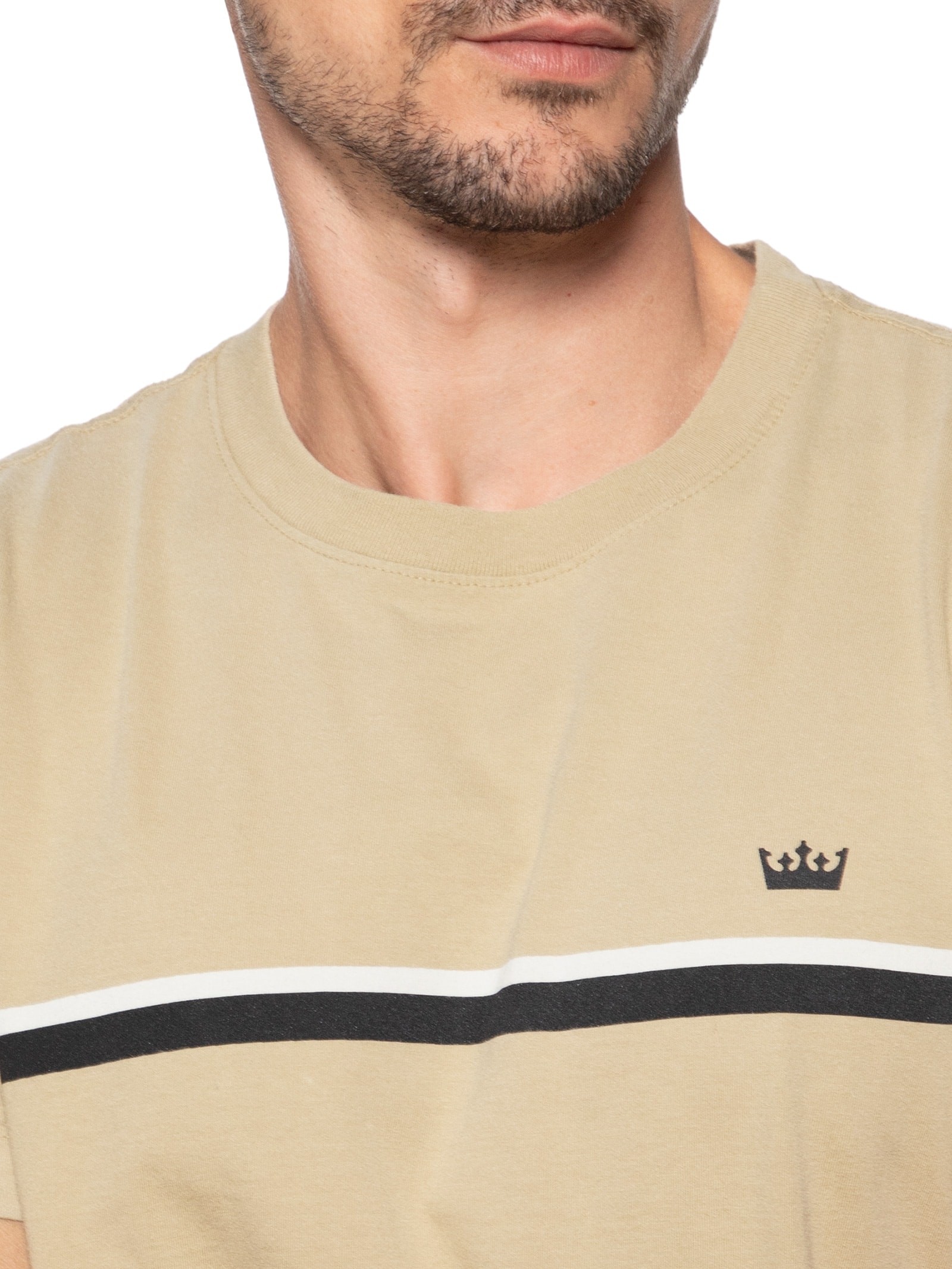 Camiseta Masculina Manga Curta Gola Careca Slim Vintage Listra Riva Coroa- Bege Osklen