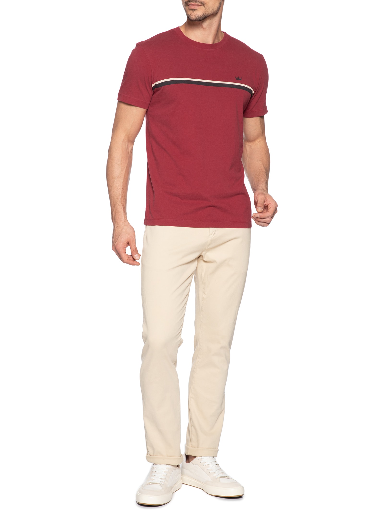 Camiseta Masculina Manga Curta Gola Careca Slim Vintage Listra Riva Coroa- Vermelho Osklen