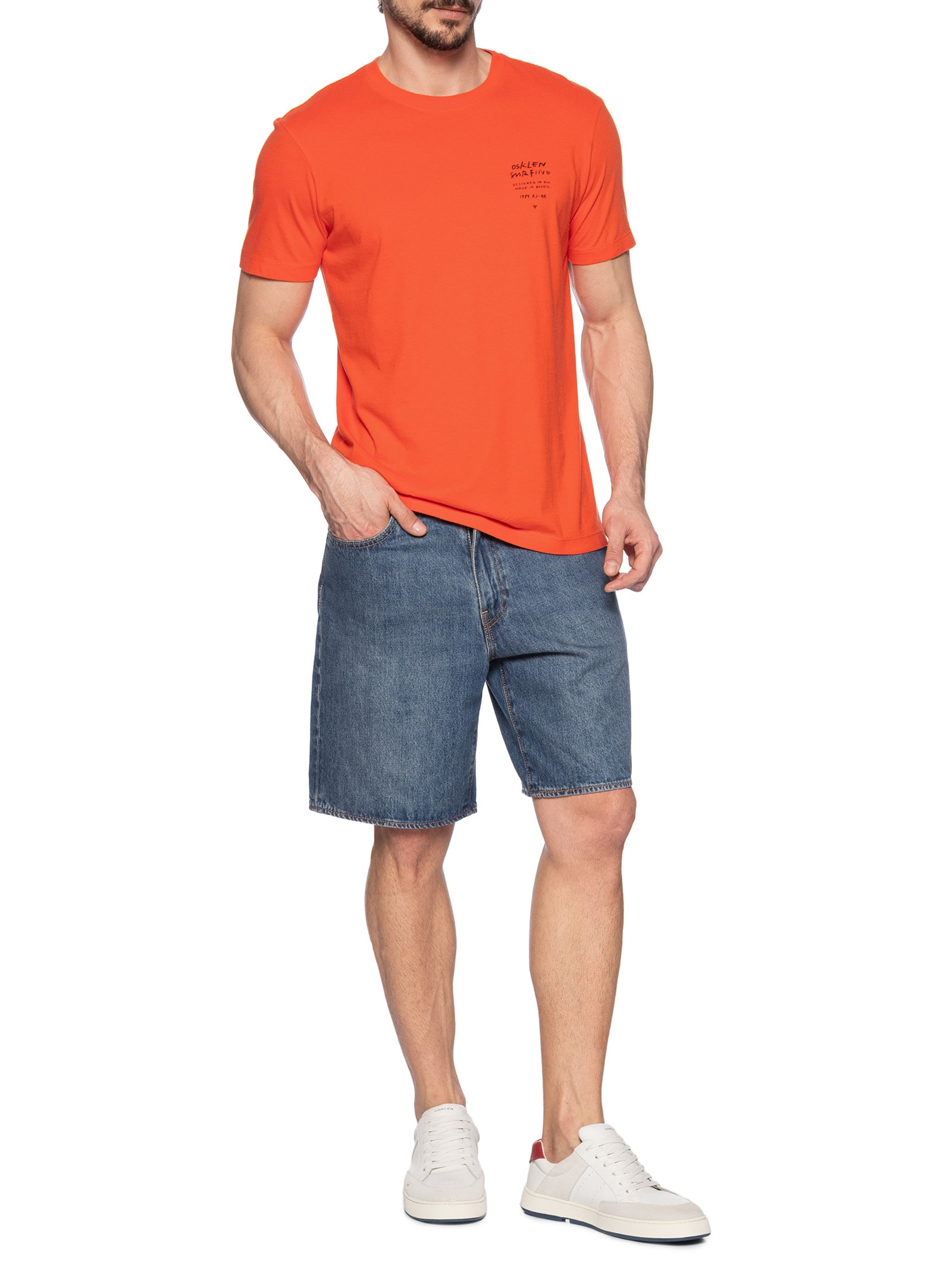 Camiseta Masculina Manga Curta Gola Careca Slim Vintage Surf Handwriting Laranja Osklen