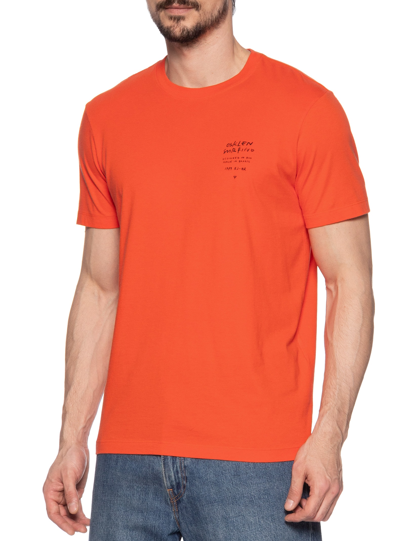 Camiseta Masculina Manga Curta Gola Careca Slim Vintage Surf Handwriting Laranja Osklen