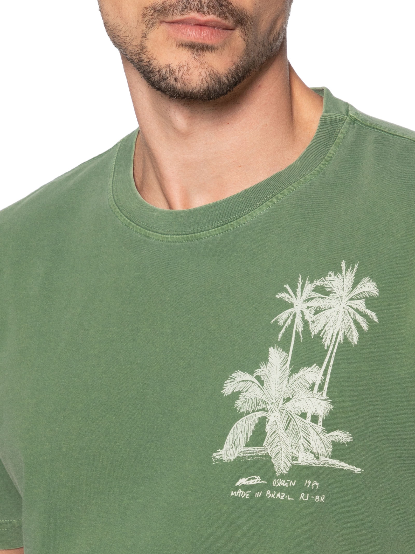 Camiseta Masculina Manga Curta Gola Careca Stone Drawn Palms Verde Osklen