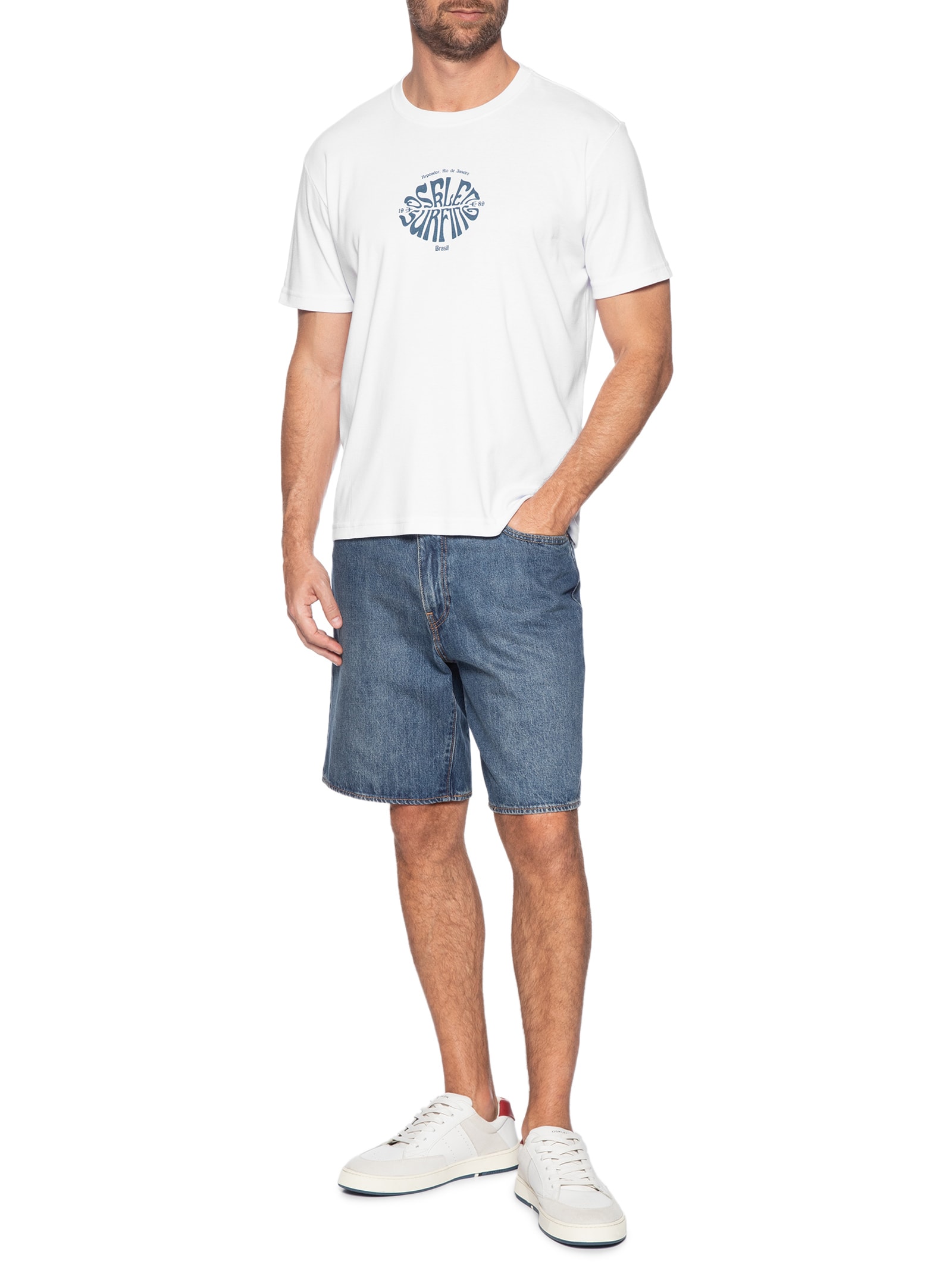 Camiseta Masculina Manga Curta Gola Careca Surfing Over  Branco Osklen