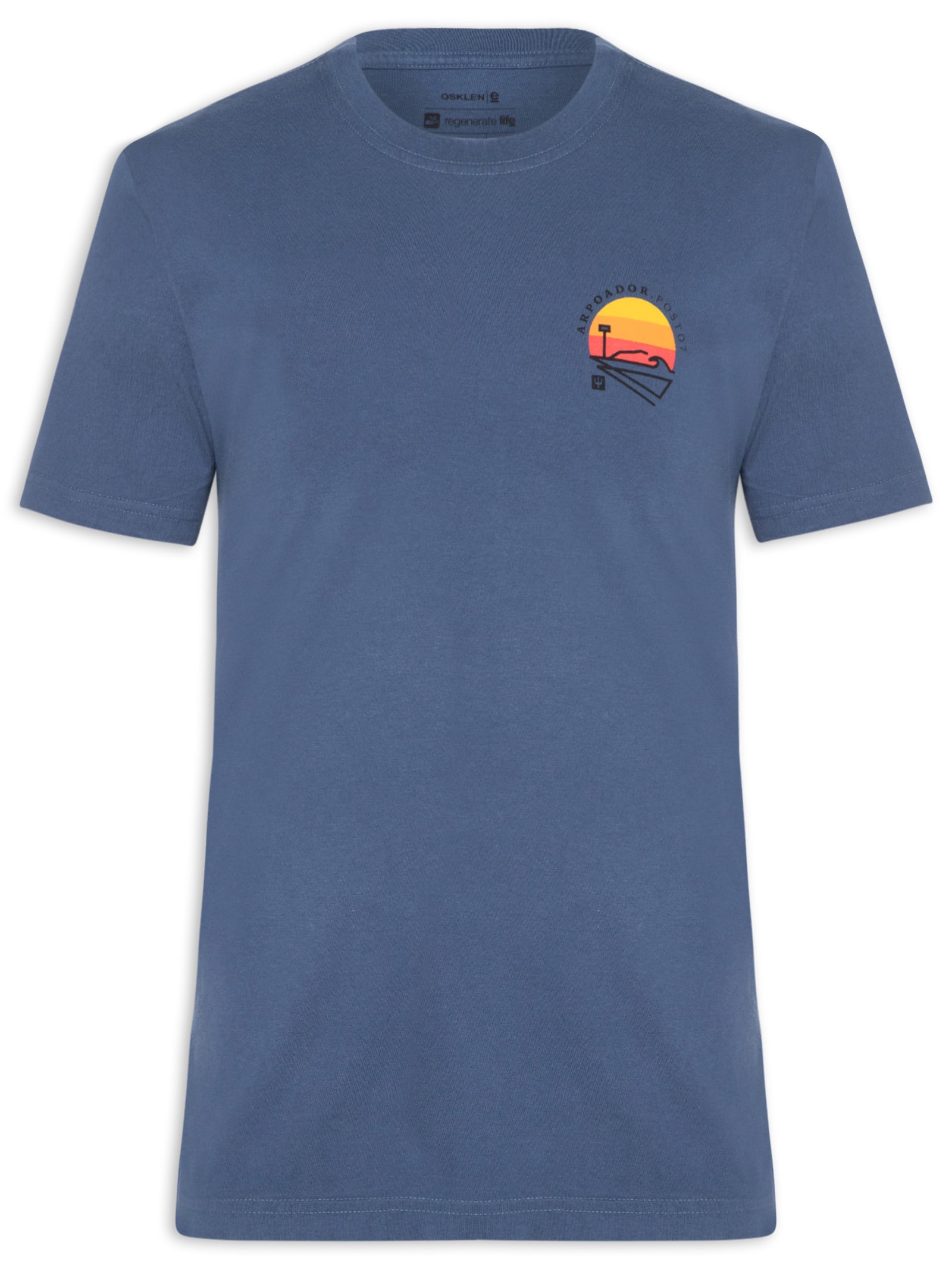 Camiseta Masculina Manga Curta Gola Careca Vintage Arpoador Patch Azul Osklen