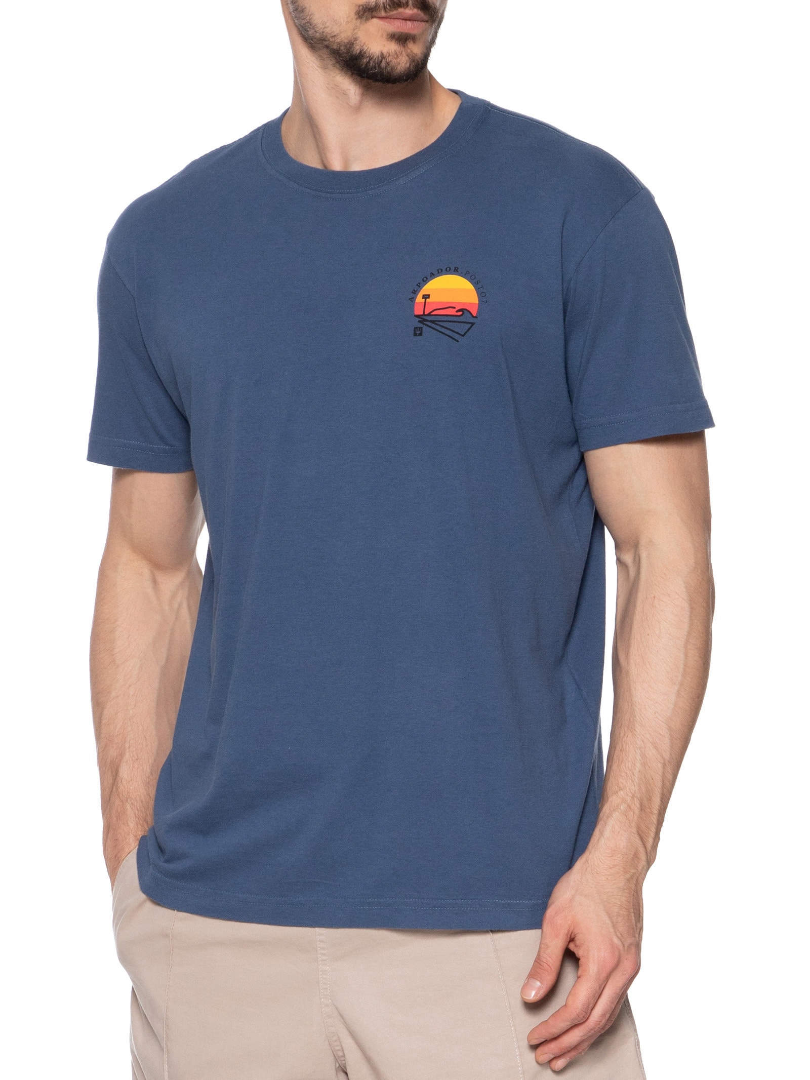 Camiseta Masculina Manga Curta Gola Careca Vintage Arpoador Patch Azul Osklen